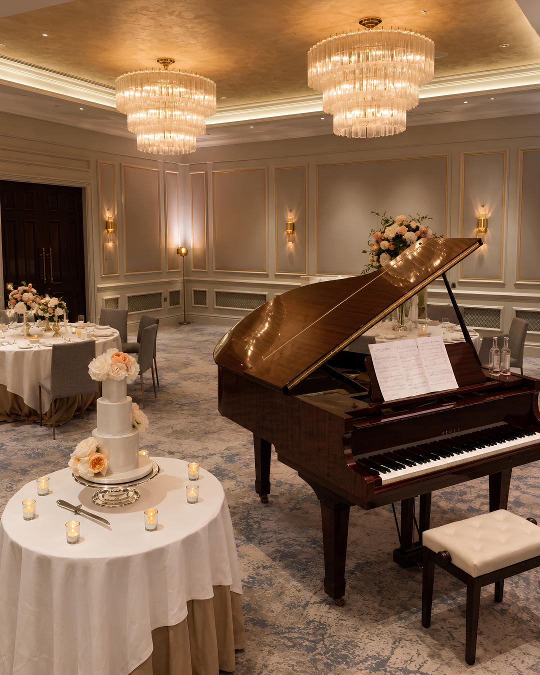 Grand piano providing elegant live wedding music in a luxury reception room, suitable for wedding ceremonies, drinks receptions and wedding breakfasts across Hampshire and Berkshire