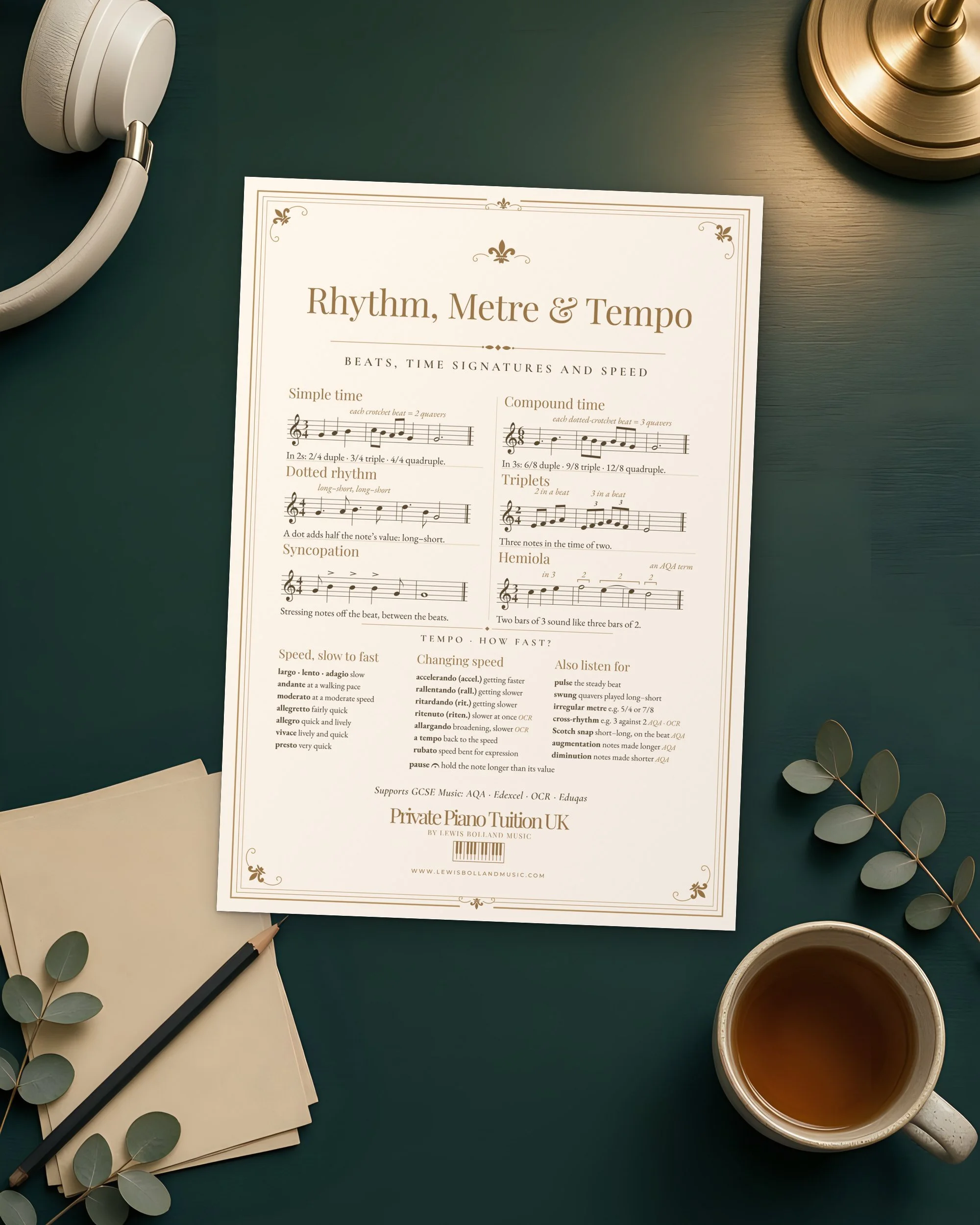 Rhythm, Metre & Tempo GCSE Music revision poster printed and lying on a dark teal desk with headphones, revision cards and tea