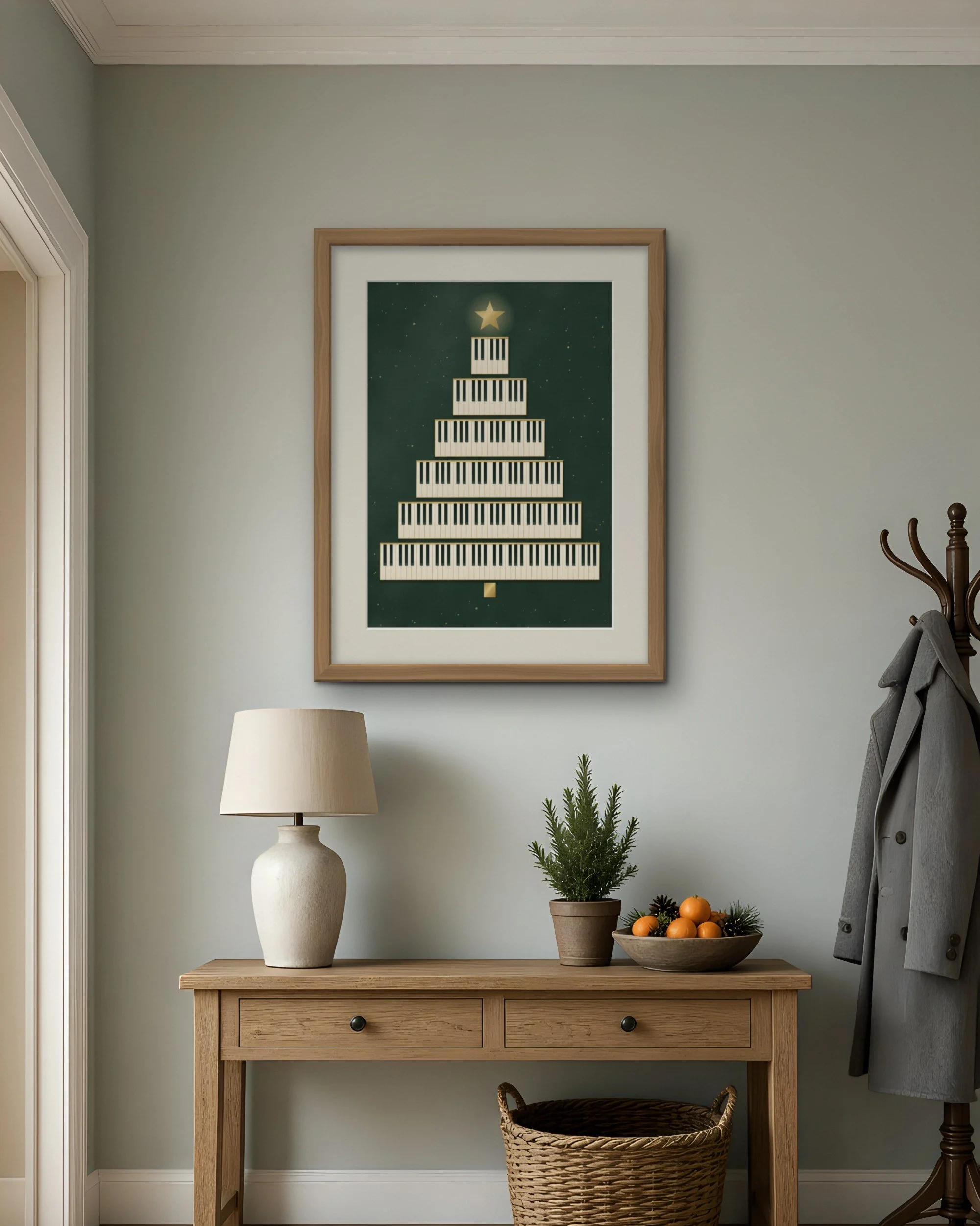 Octave Fir Christmas piano wall art print from the complete collection of five, framed above a hallway console table