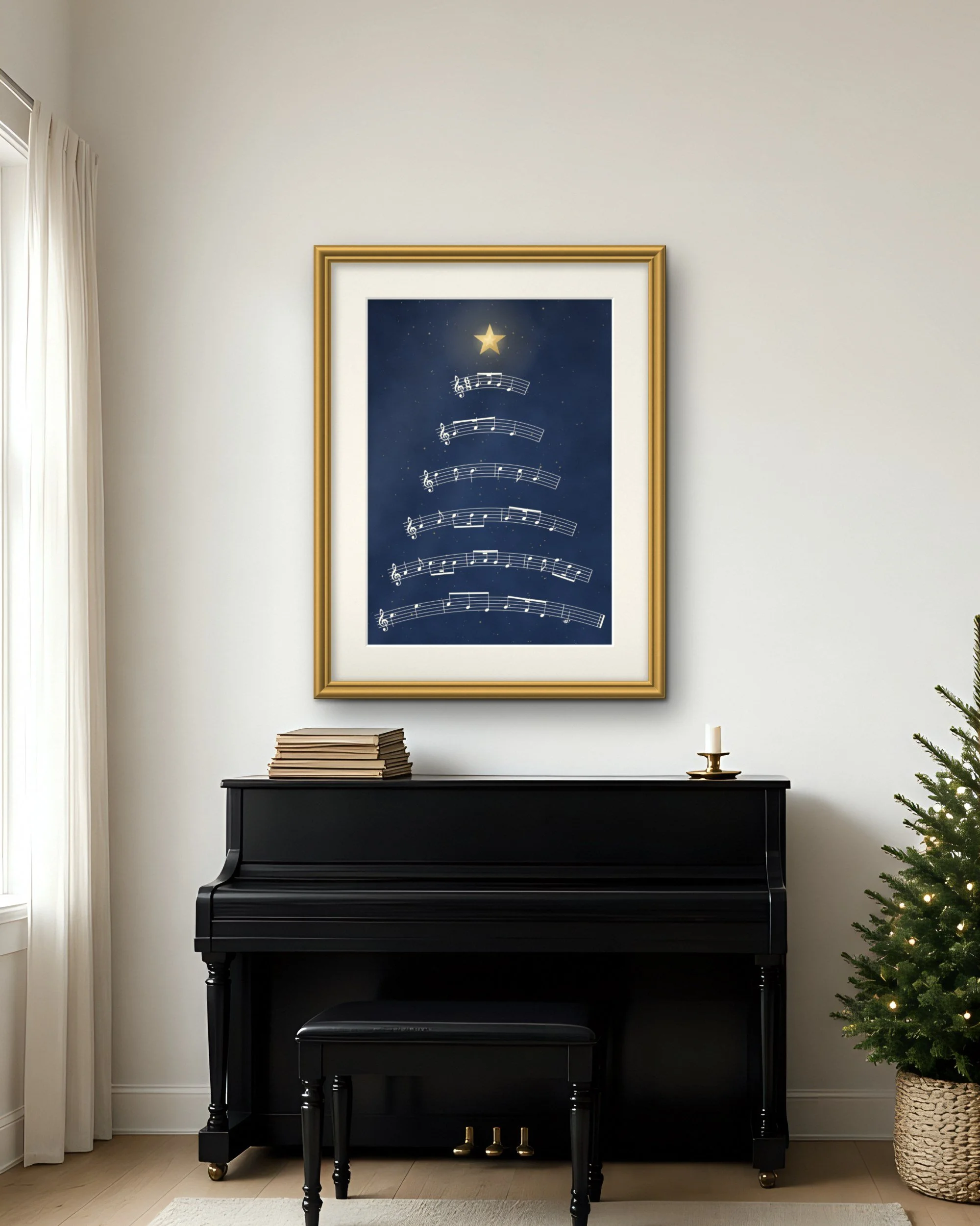 Silent Night Stave Tree Christmas piano wall art print, printable A4 and A3 digital download