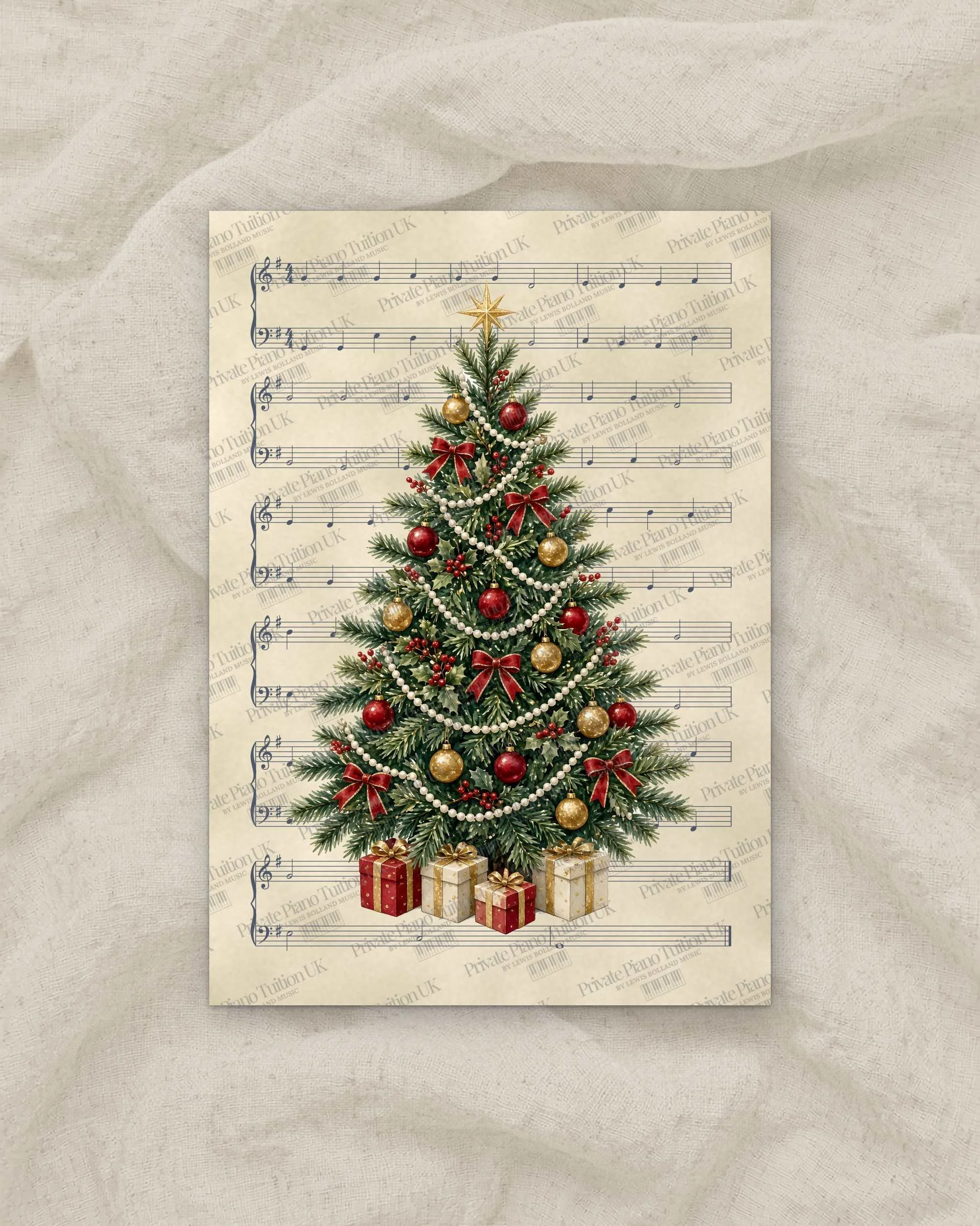 Vintage Music-Page Tree Christmas piano wall art print preview, Private Piano Tuition UK