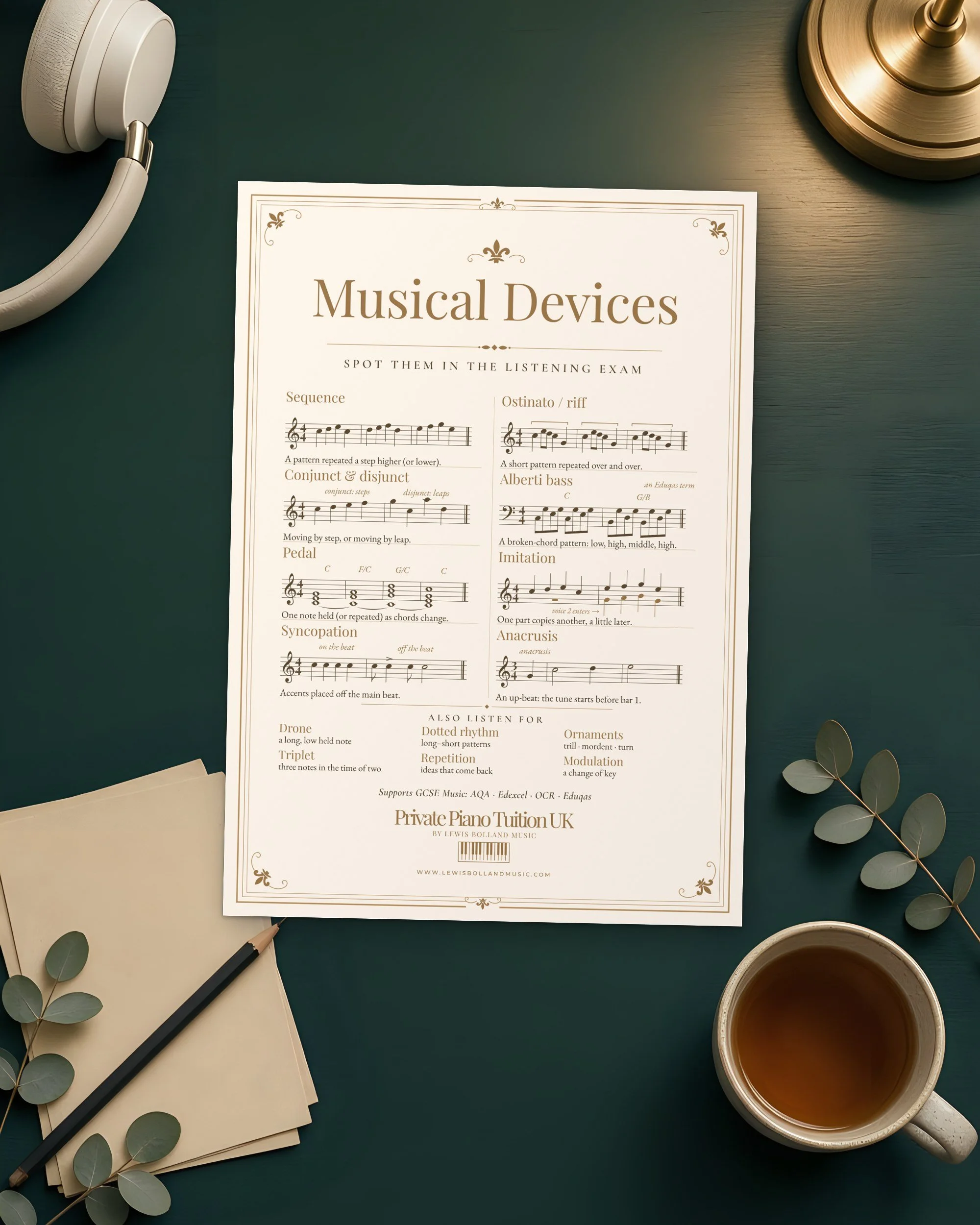 Musical Devices GCSE Music revision poster printed and lying on a dark teal desk with headphones, revision cards and tea