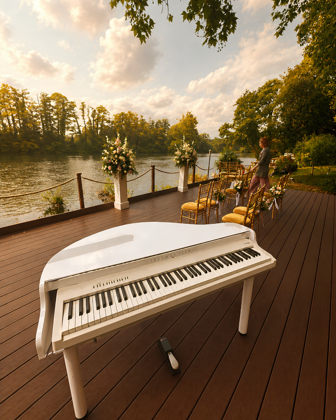 White baby grand piano shell set up for an outdoor wedding ceremony by the river – wedding pianist in Berkshire and the South of England
