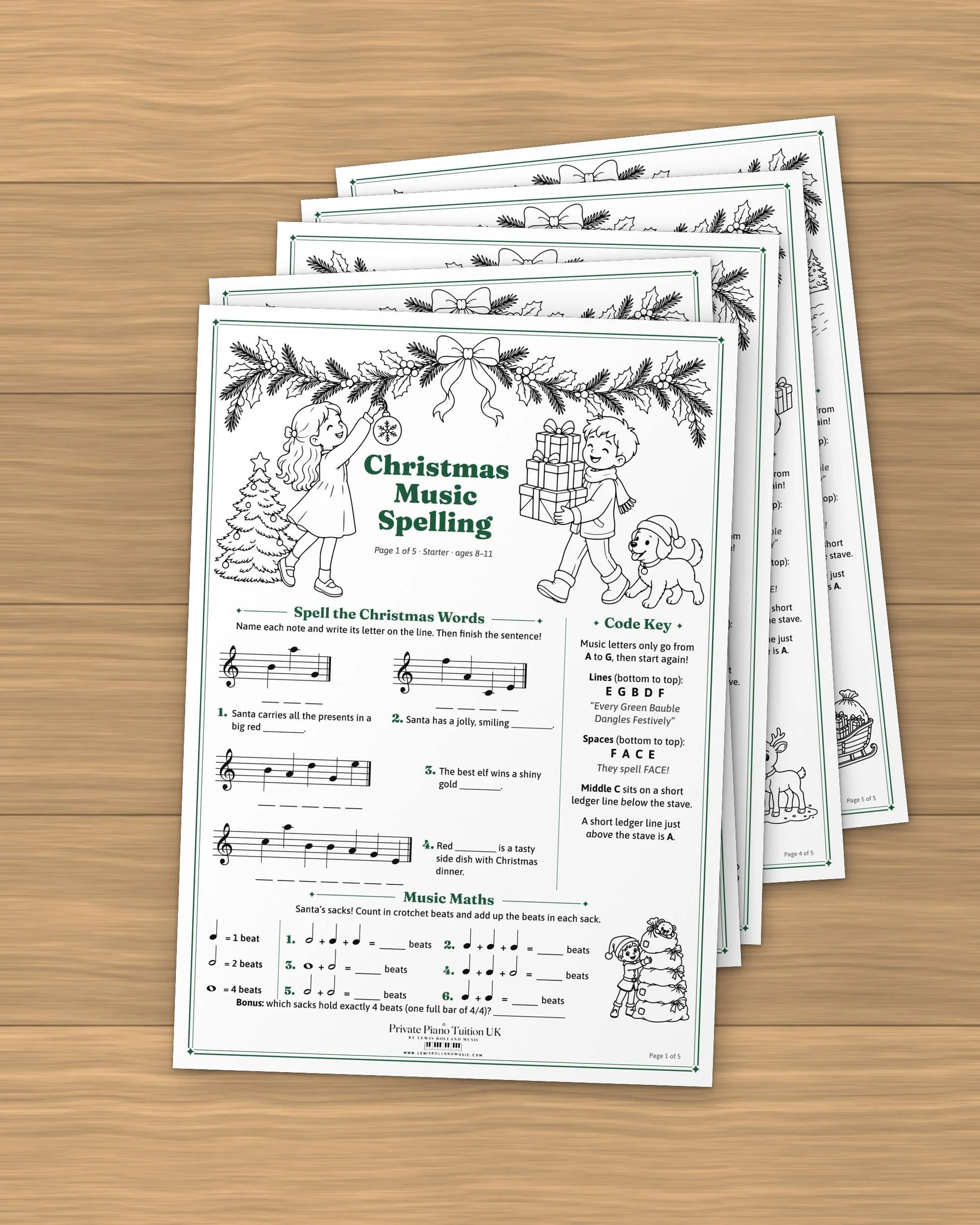 Christmas Music Spelling Pack worksheets for ages 8 to 11 fanned out on a wooden desk