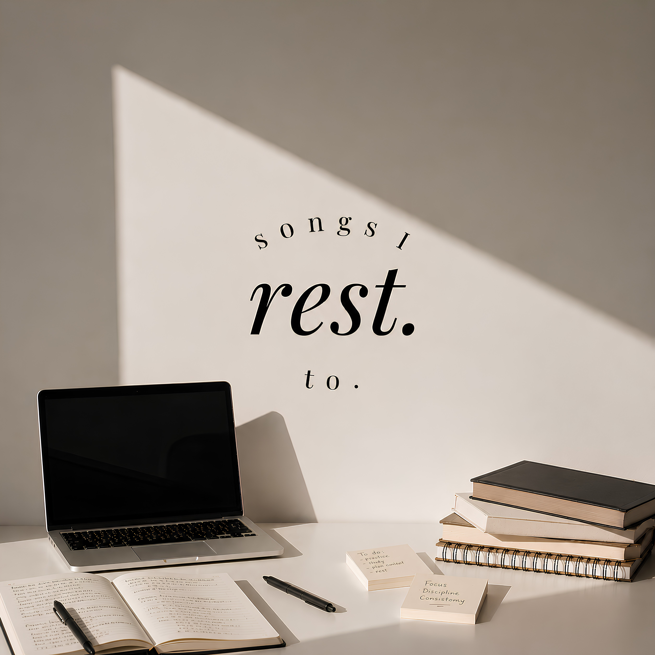 songs i rest to. the study edition Spotify playlist cover — focused study piano music and instrumental playlist for concentration, reading and deep work, shown on a desk with a laptop and books.