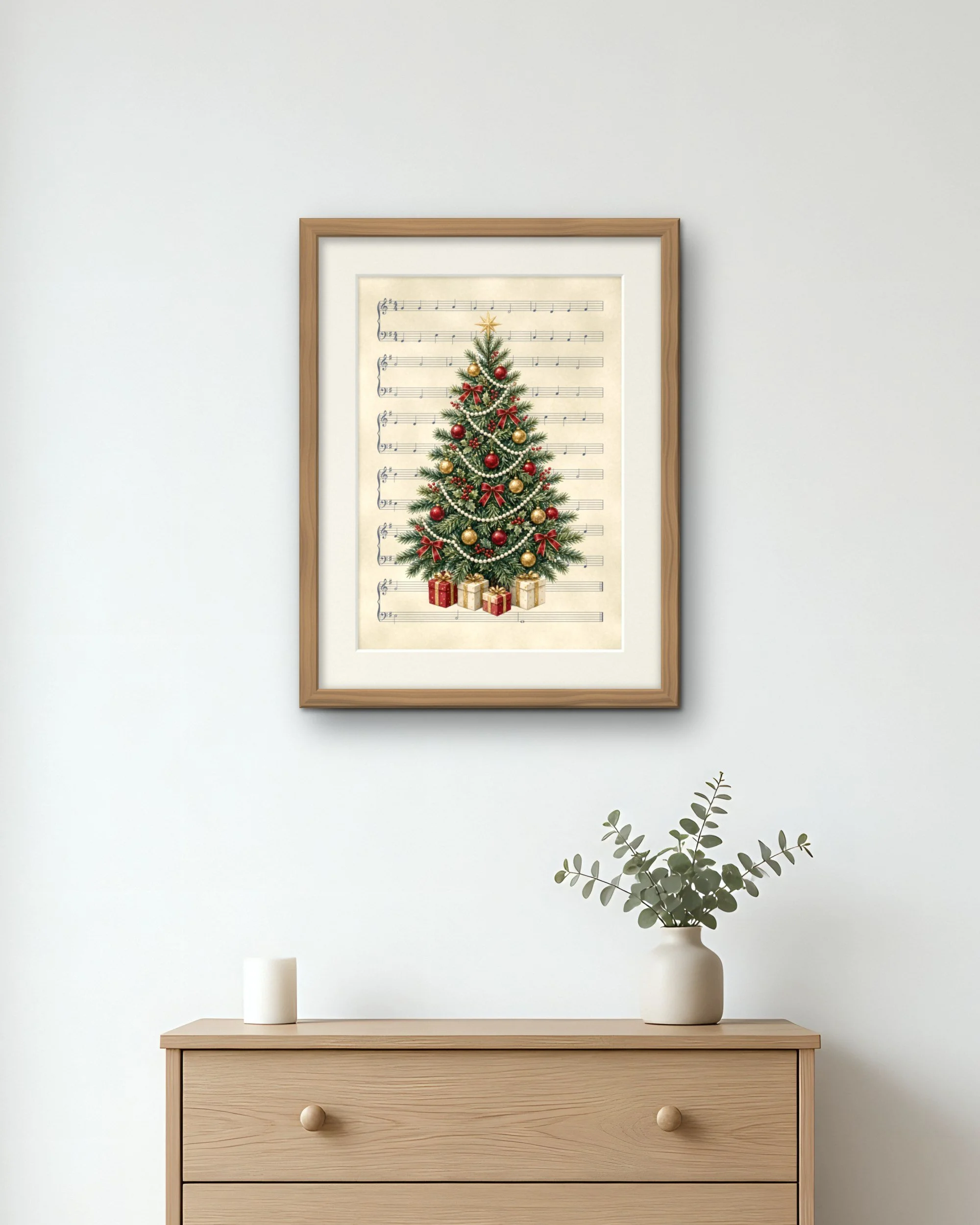 Vintage Music-Page Tree Christmas piano wall art print framed in a cosy hallway nook