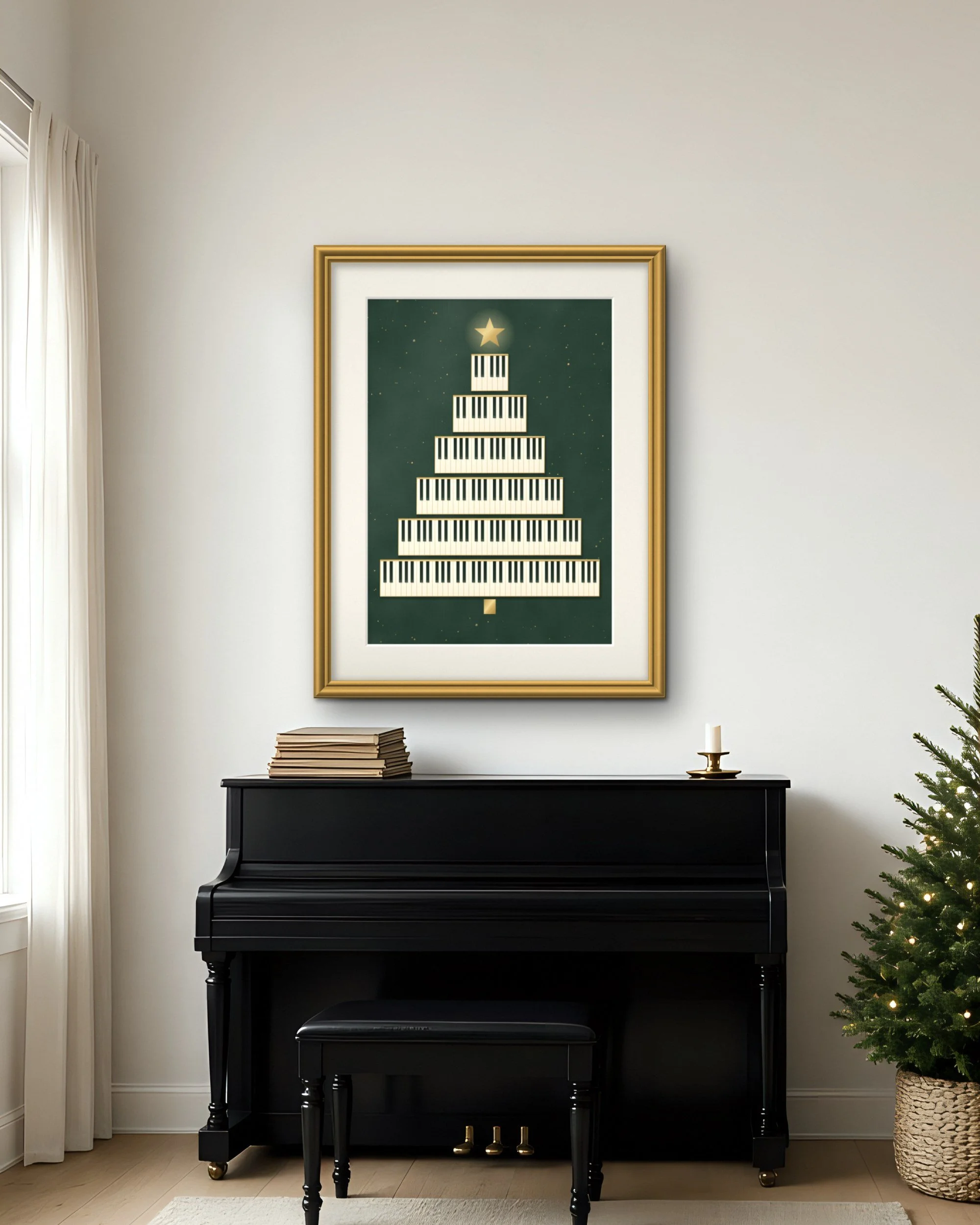 Octave Fir Christmas piano wall art print framed above a black upright piano beside a Christmas tree
