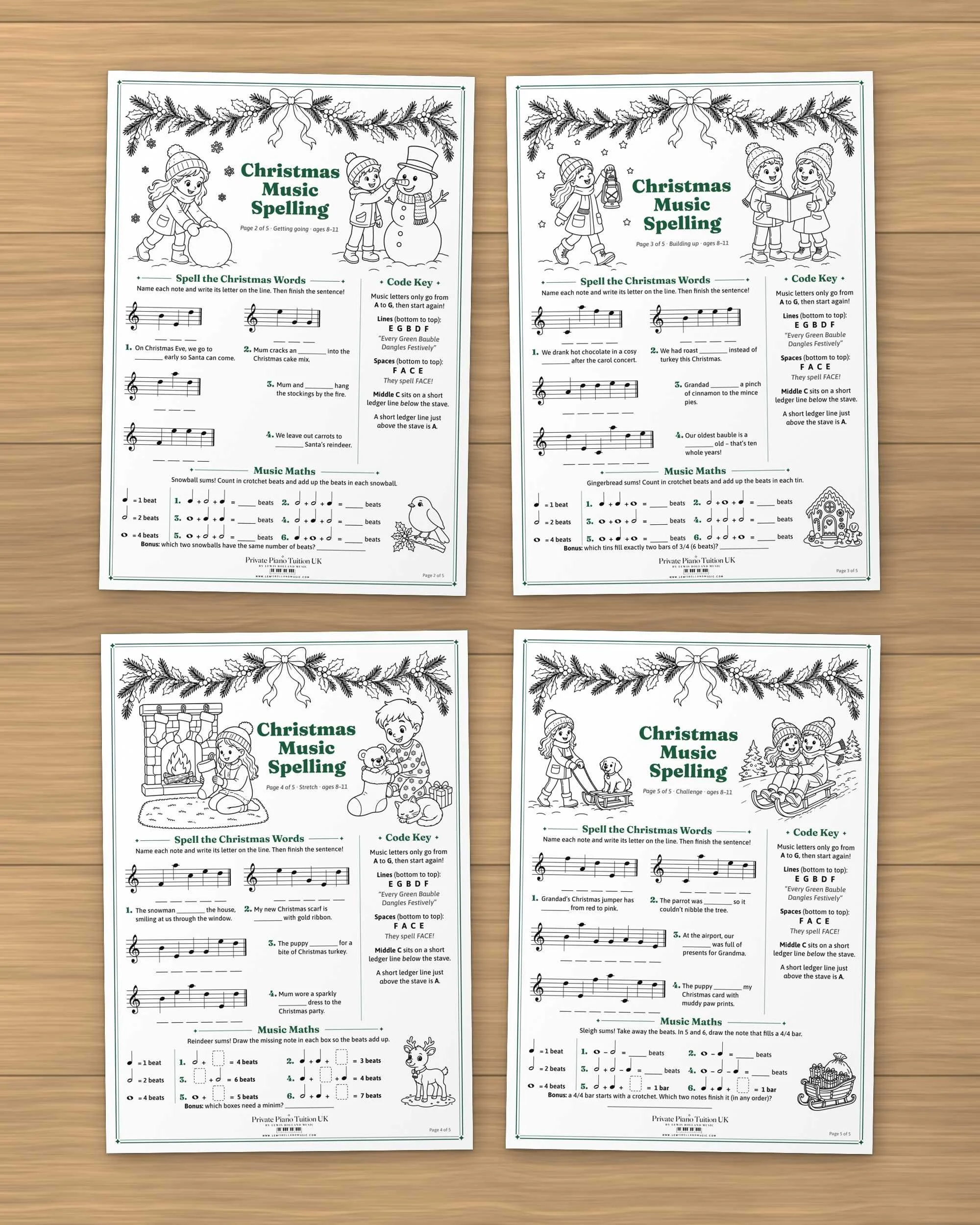 Christmas Music Spelling worksheets pages 2 to 5 laid out on a wooden desk