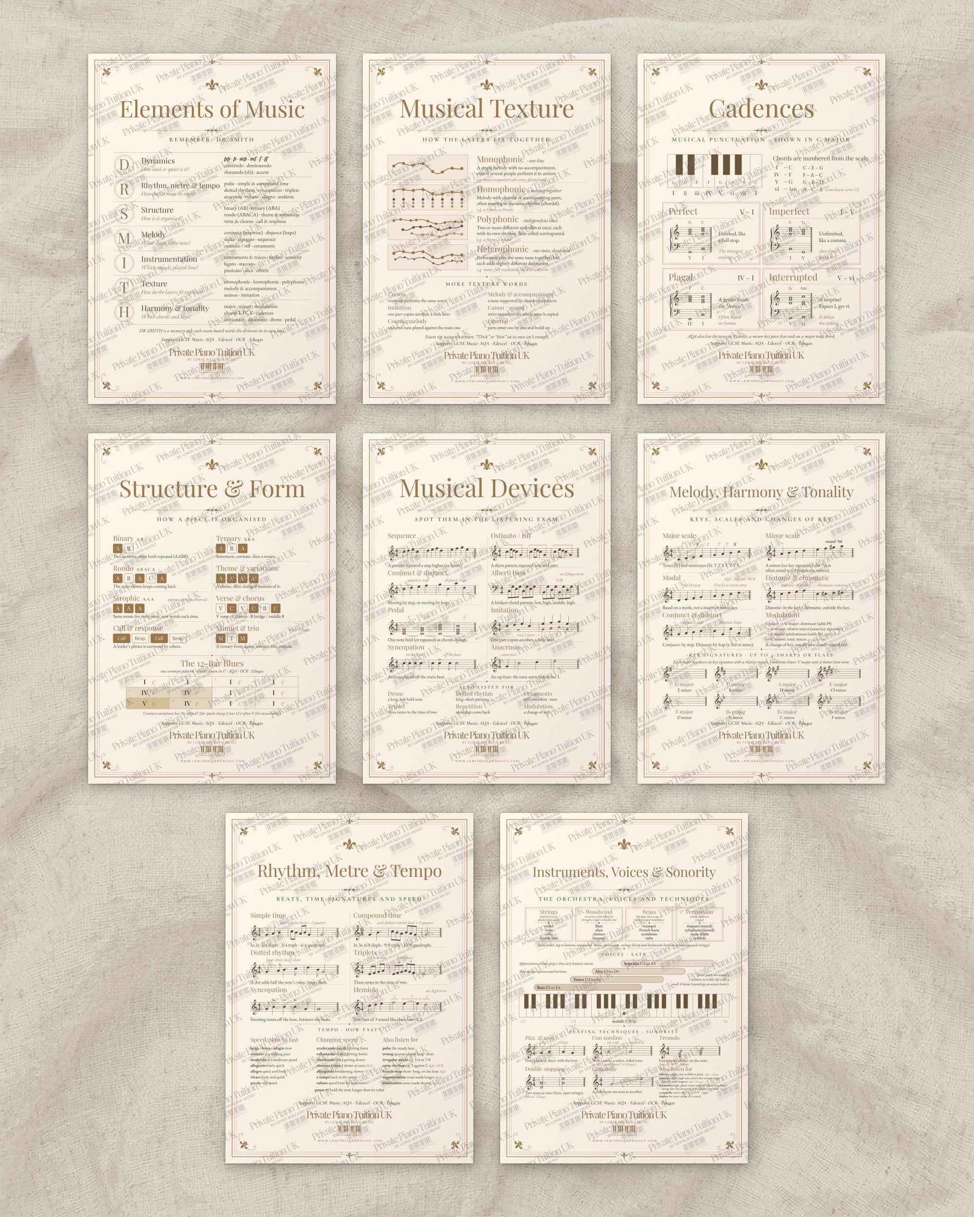 All eight GCSE Music revision posters shown flat with a Private Piano Tuition UK watermark