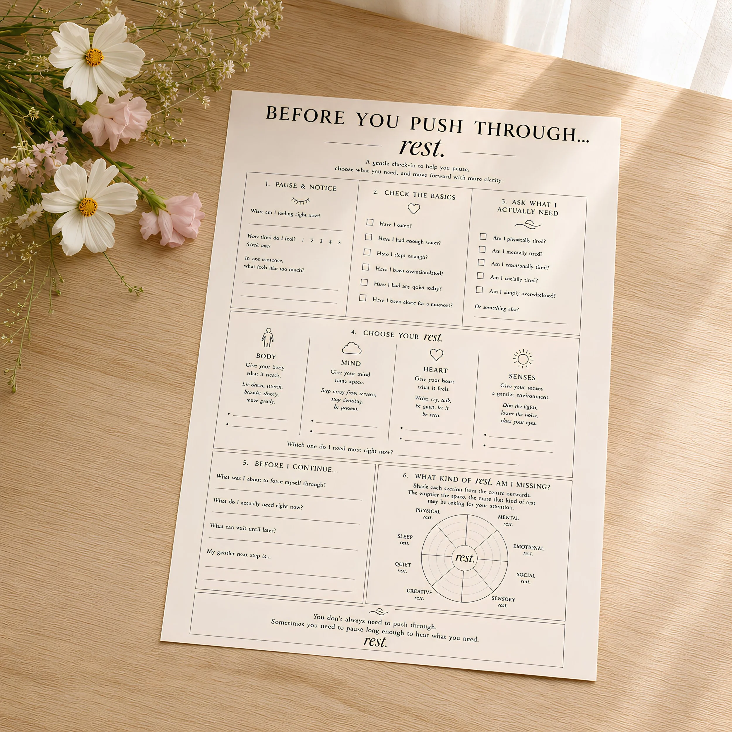 rest. | Before You Push Through | Wellbeing Worksheet | Calming Check-In Journal Page