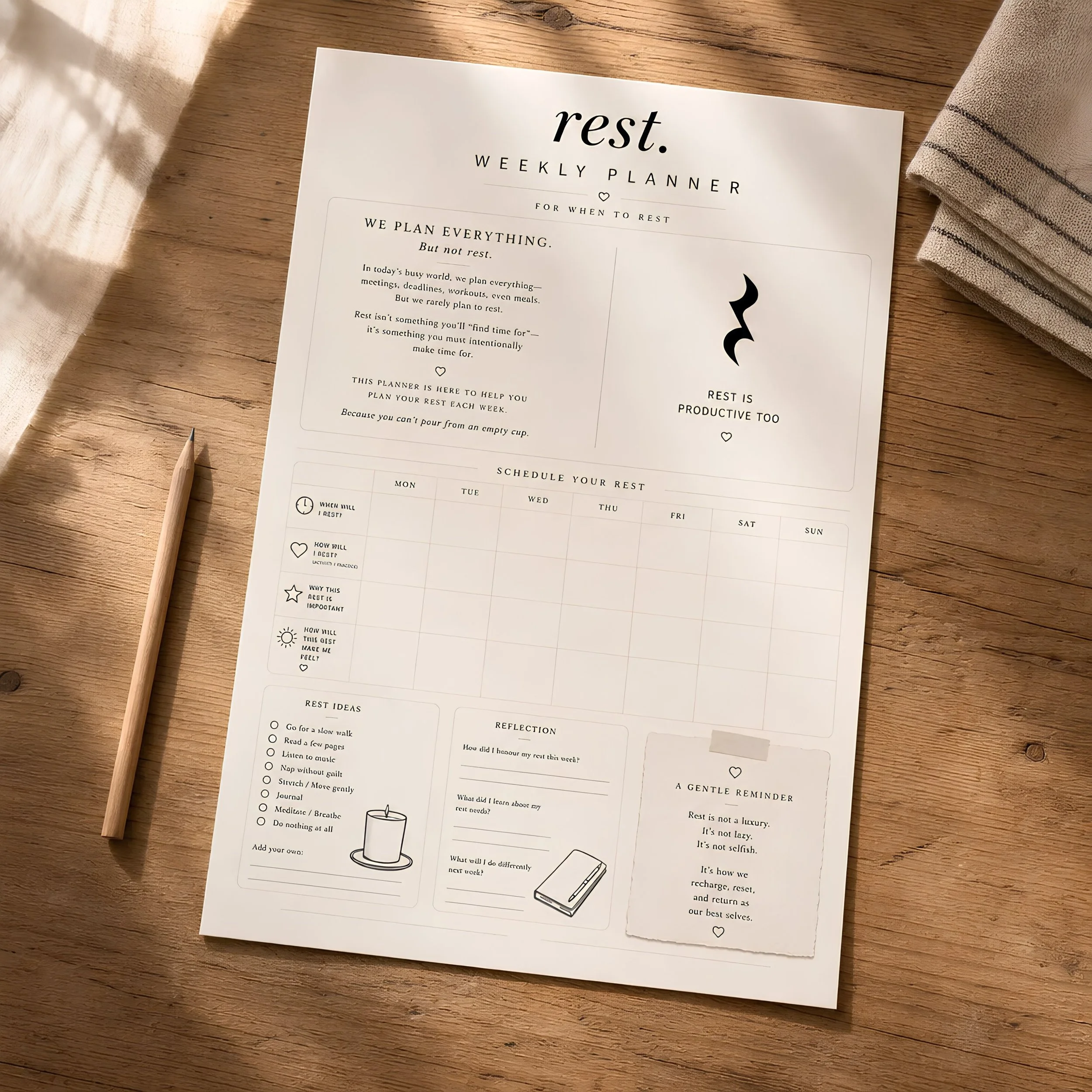 rest. | Weekly Planner - For When To Rest | Wellbeing Worksheet | Calming Rest Planner