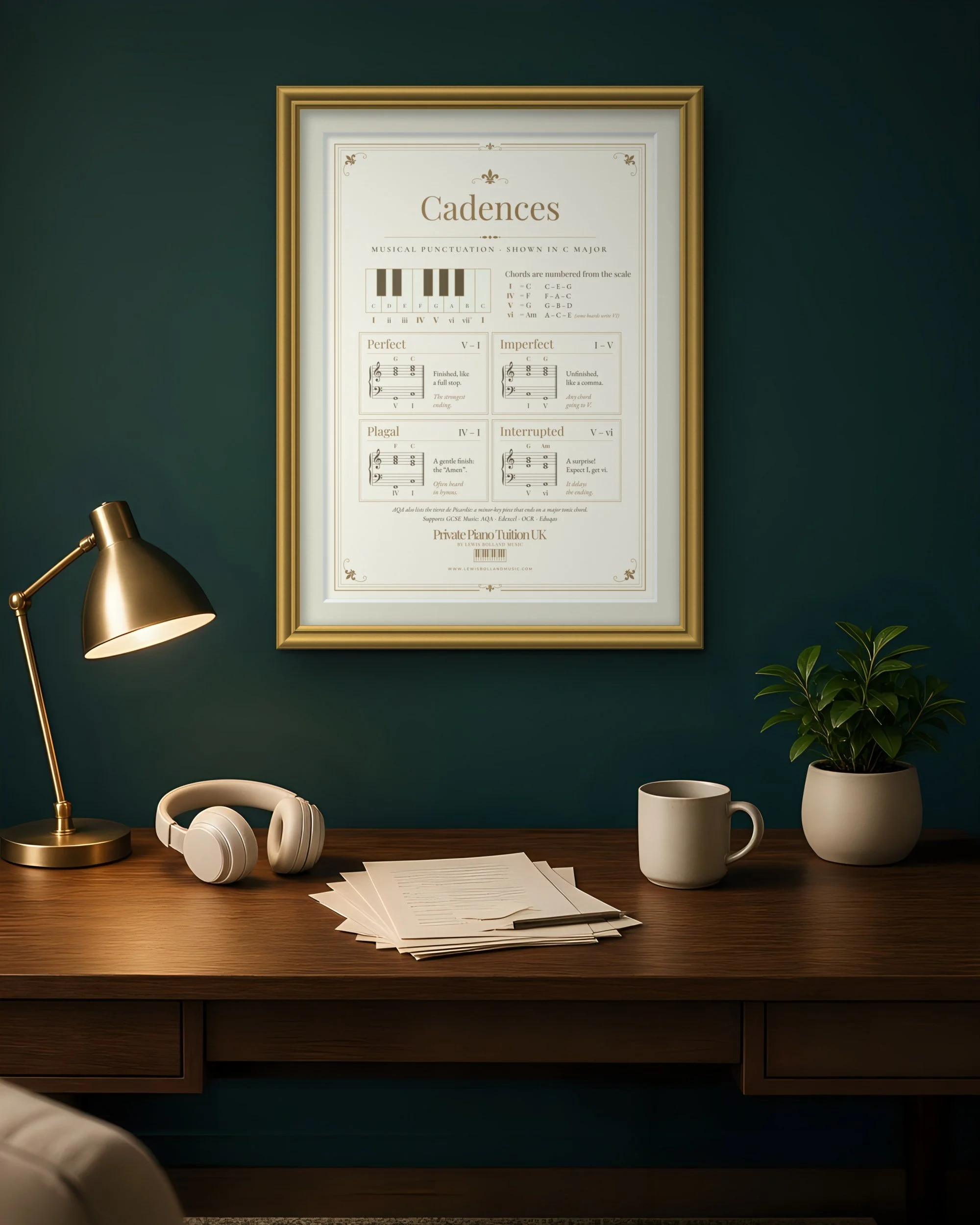 Cadences GCSE Music revision poster in a gold frame on a teal study wall above a desk with a brass lamp and headphones