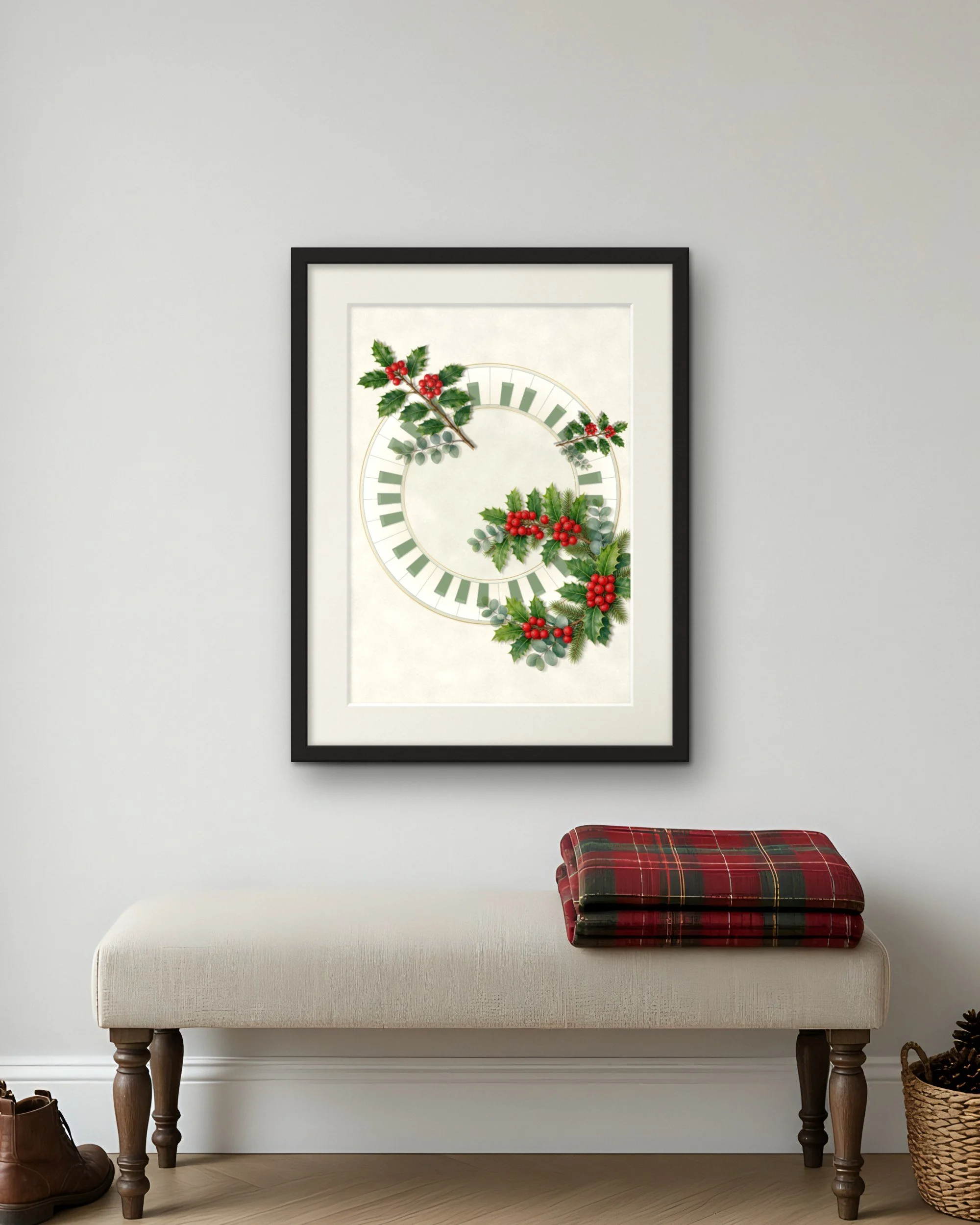 Keyboard Holly Wreath Christmas piano wall art print framed in a hallway nook above a bench