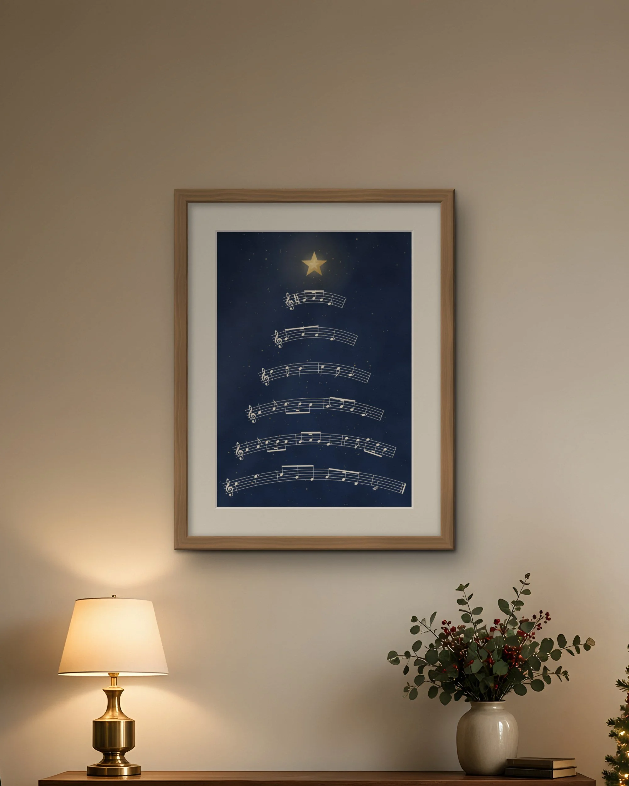 Silent Night Stave Tree Christmas piano wall art print in a cosy evening living room beside a glowing lamp