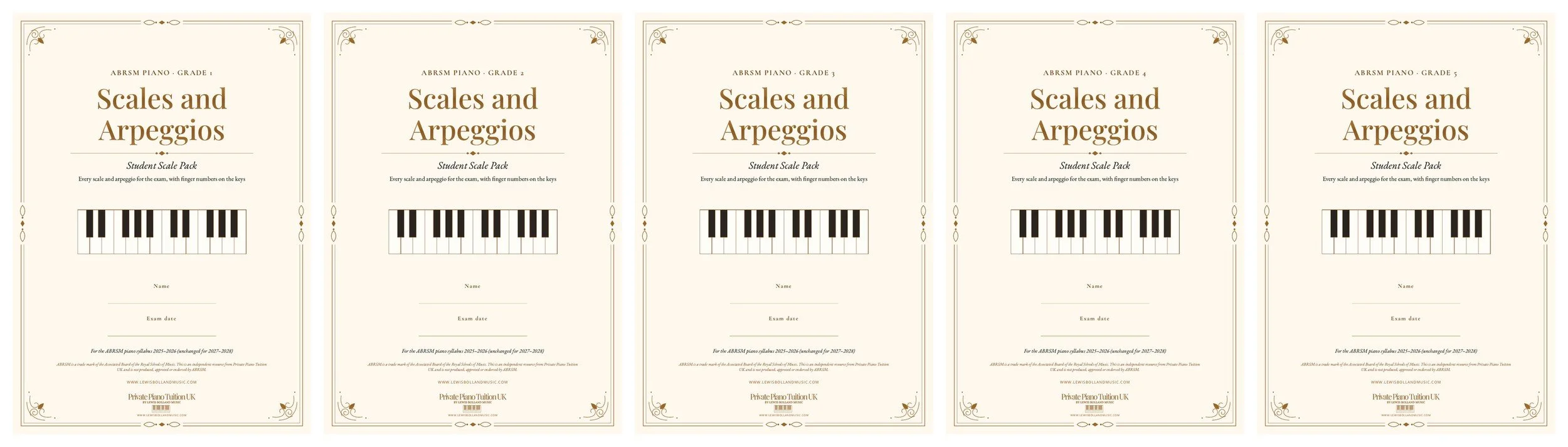 Five ABRSM piano scale pack covers, Grades 1–5, side by side – complete student scale pack collection
