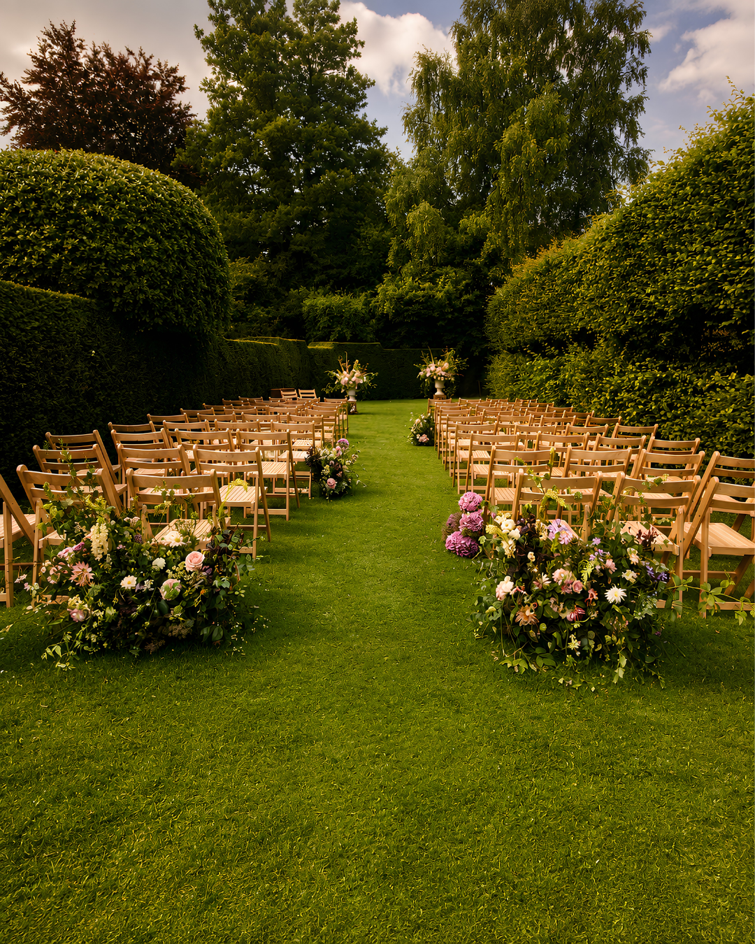 Beautiful outdoor wedding ceremony garden with seating and floral arrangements, ideal for live ceremony piano music from a professional wedding pianist