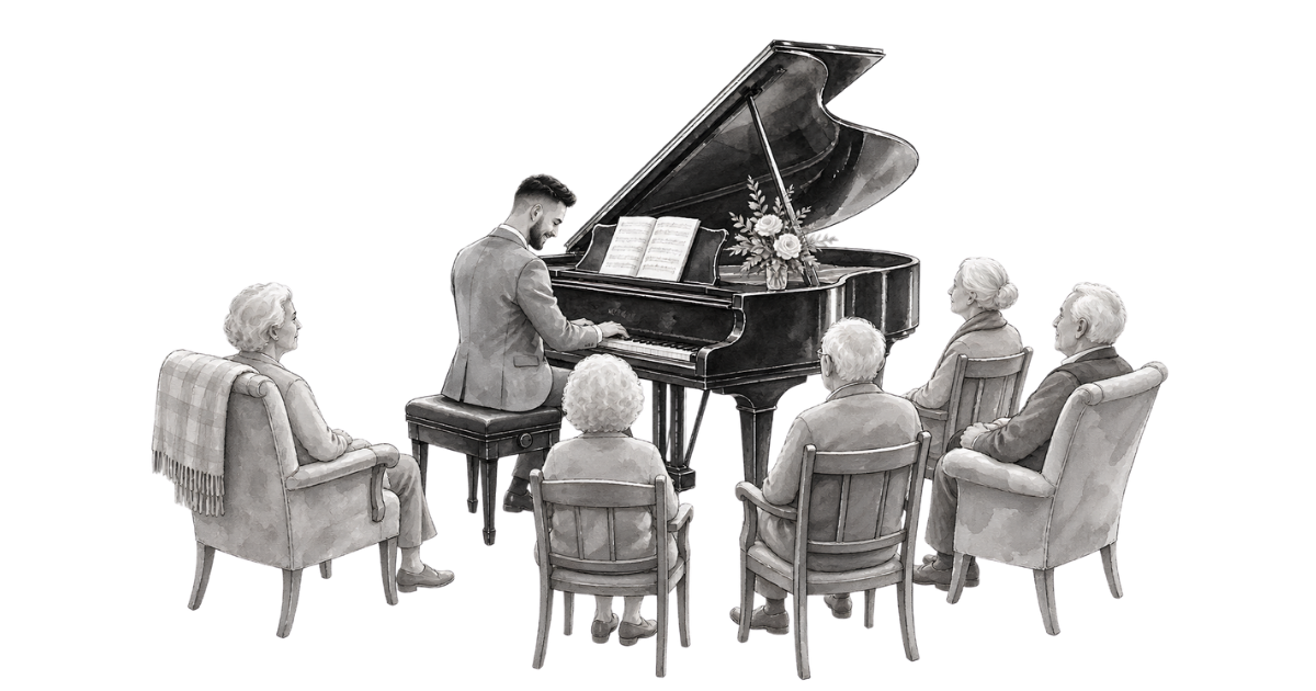 Illustration of a care home pianist performing live piano music on a grand piano for elderly residents – dementia and Alzheimer's care home entertainment