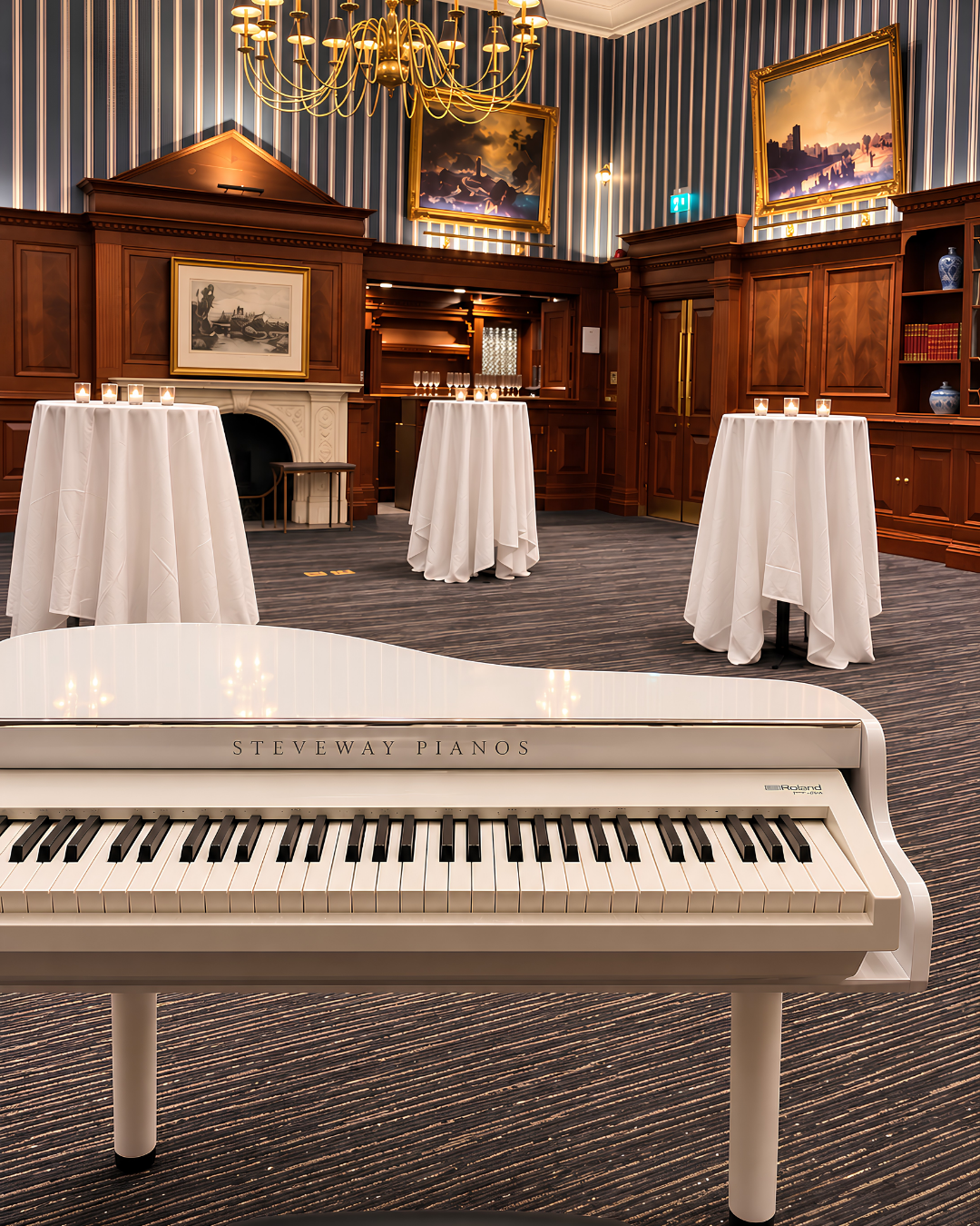 Portable white baby grand piano shell set up for live wedding reception music, drinks receptions and wedding breakfasts across the South of England
