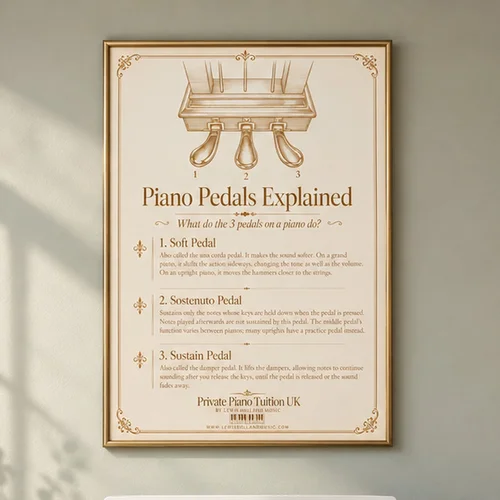 Piano Pedals Explained Poster (Soft, Sostenuto & Sustain Guide)