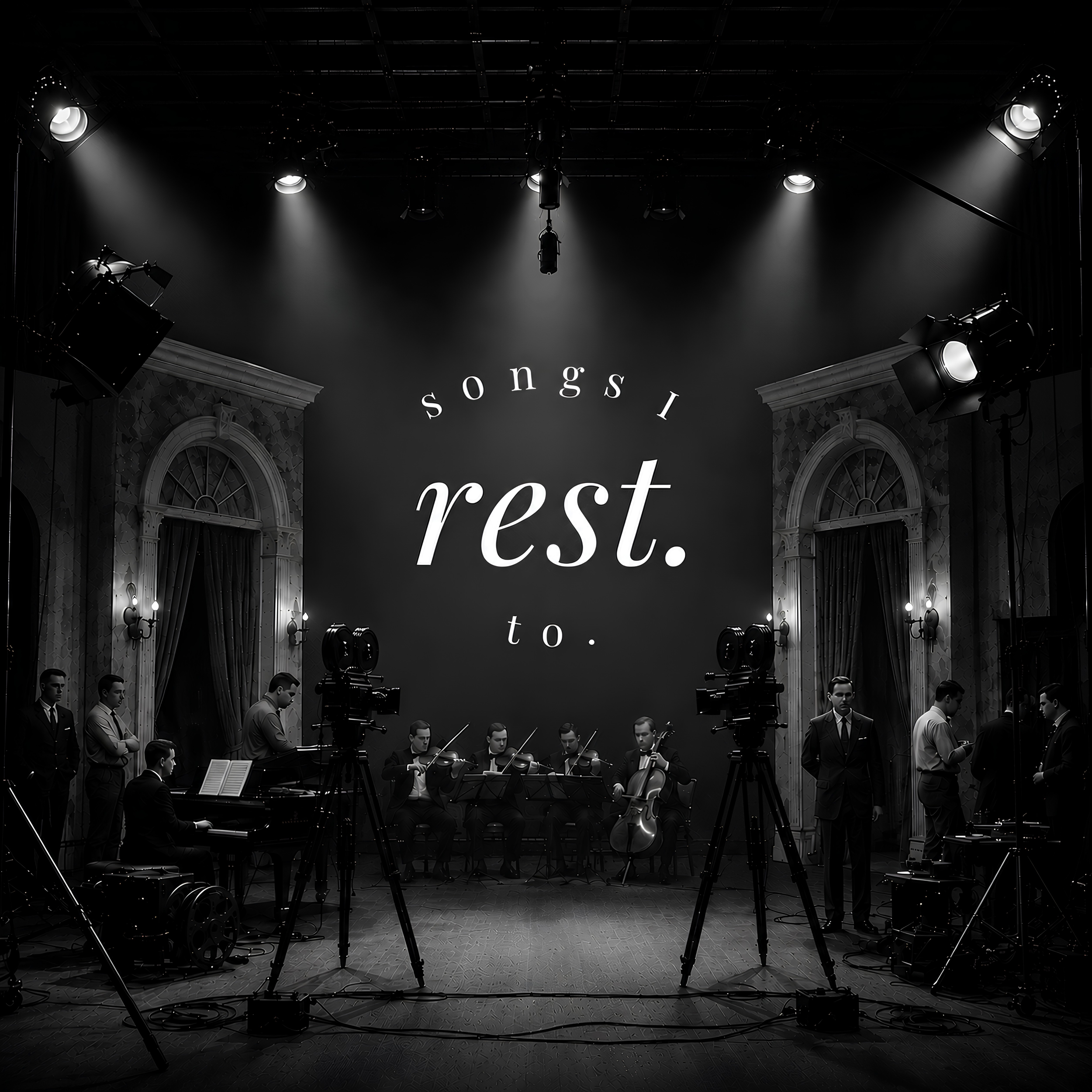 songs i rest to. the nostalgia edition Spotify playlist cover — nostalgic orchestral and classical piano music playlist featuring timeless scores, shown on a dimly lit orchestral stage.