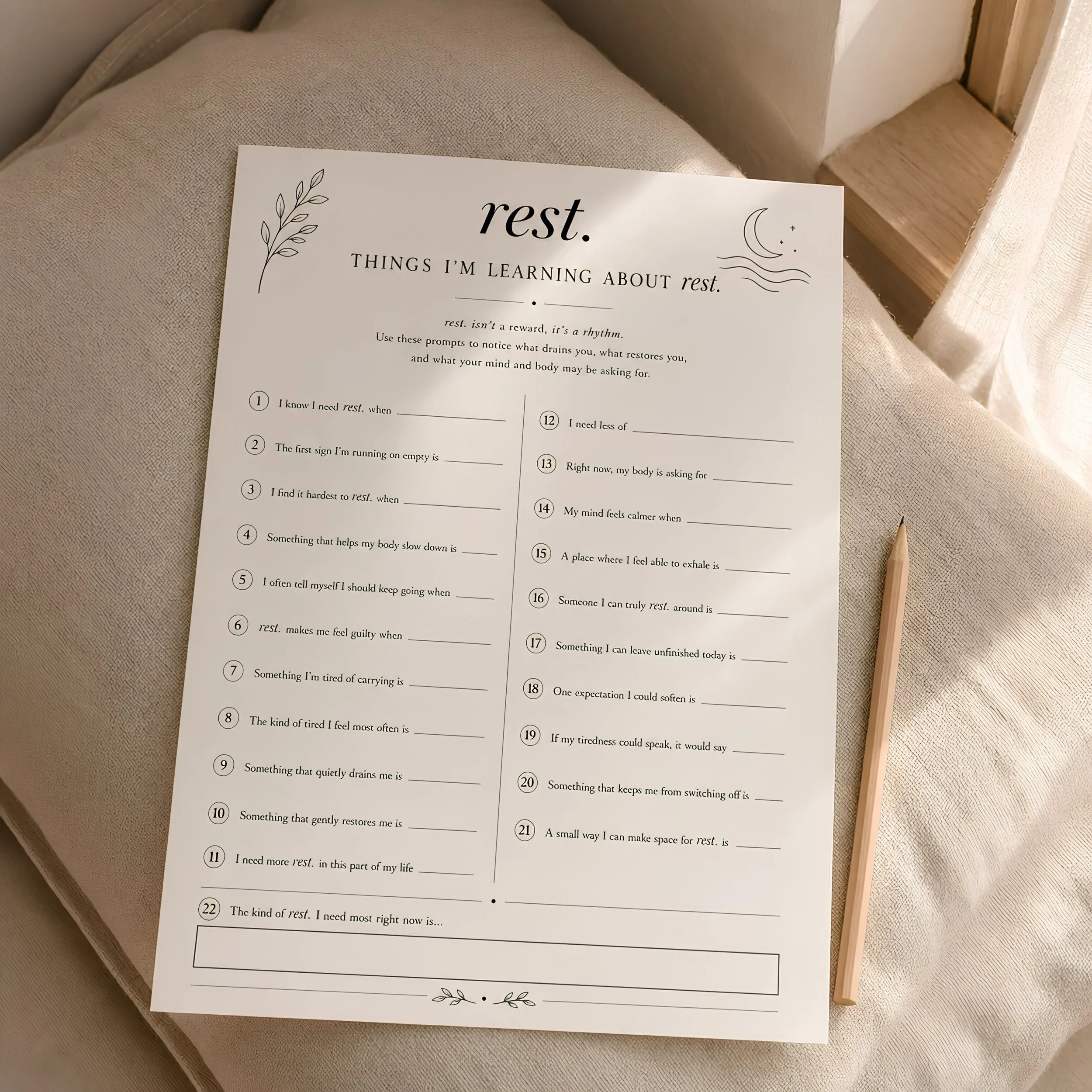 rest. | Things I'm Learning About rest. | Wellbeing Worksheet | rest. Journal Page