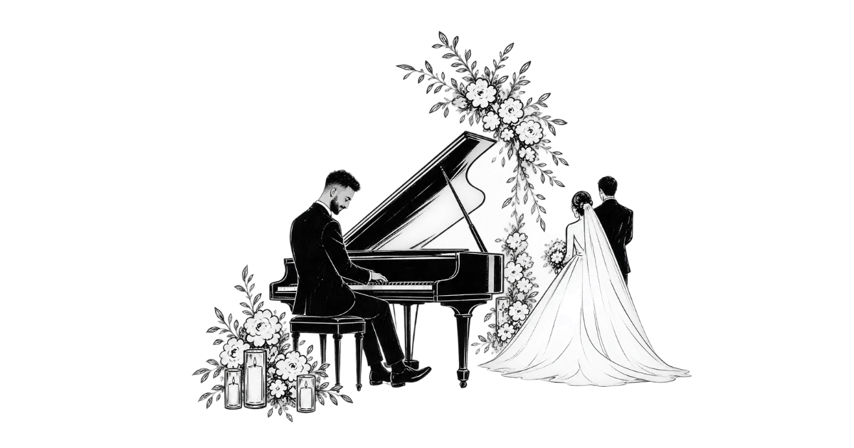 Wedding pianist performing at a grand piano beside a bride and groom – elegant live piano music for weddings and events across Hampshire, Berkshire, London, Bath, Bristol and the South of England