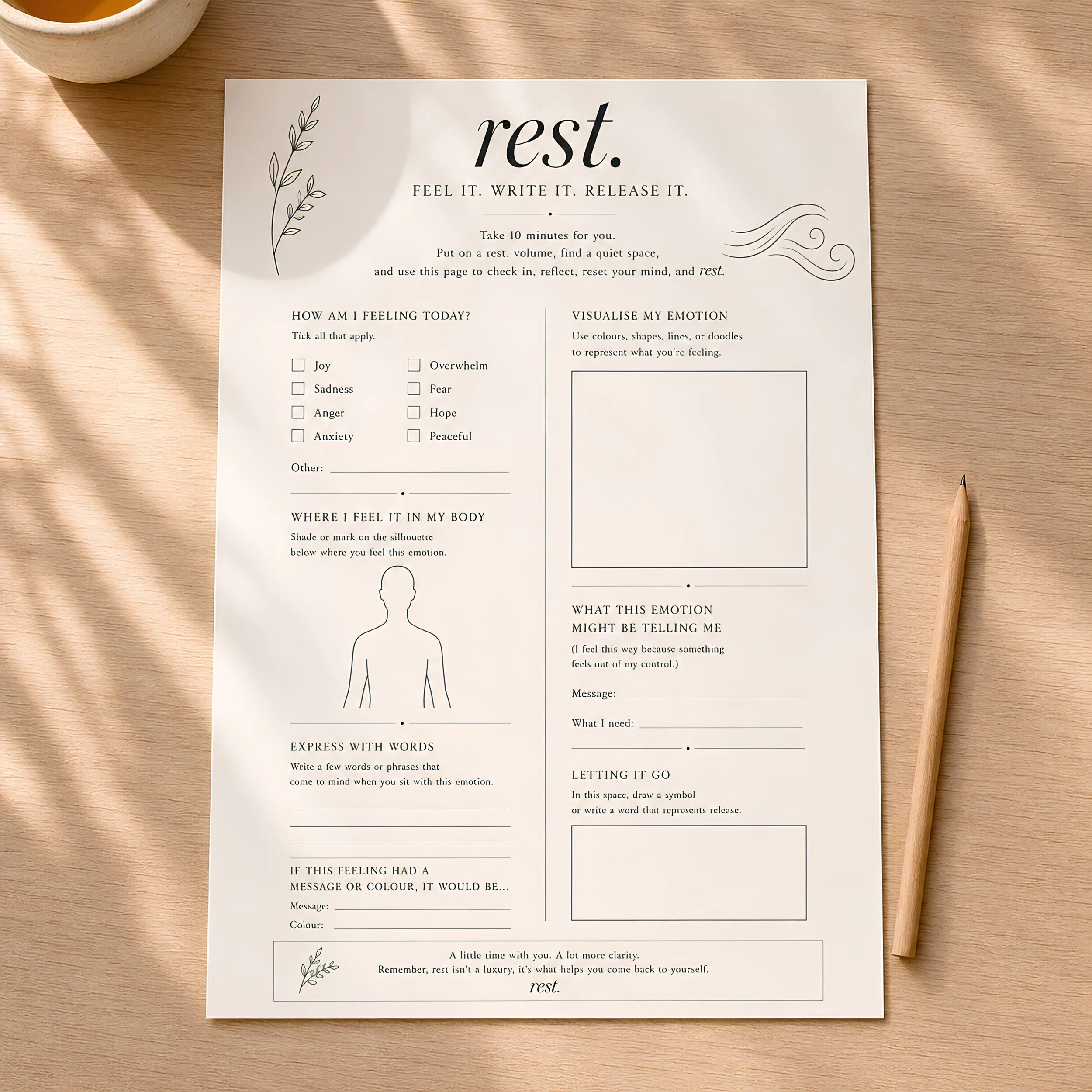 rest. | Feel It. Write It. Release It. | Wellbeing Worksheet | rest. Journal Page