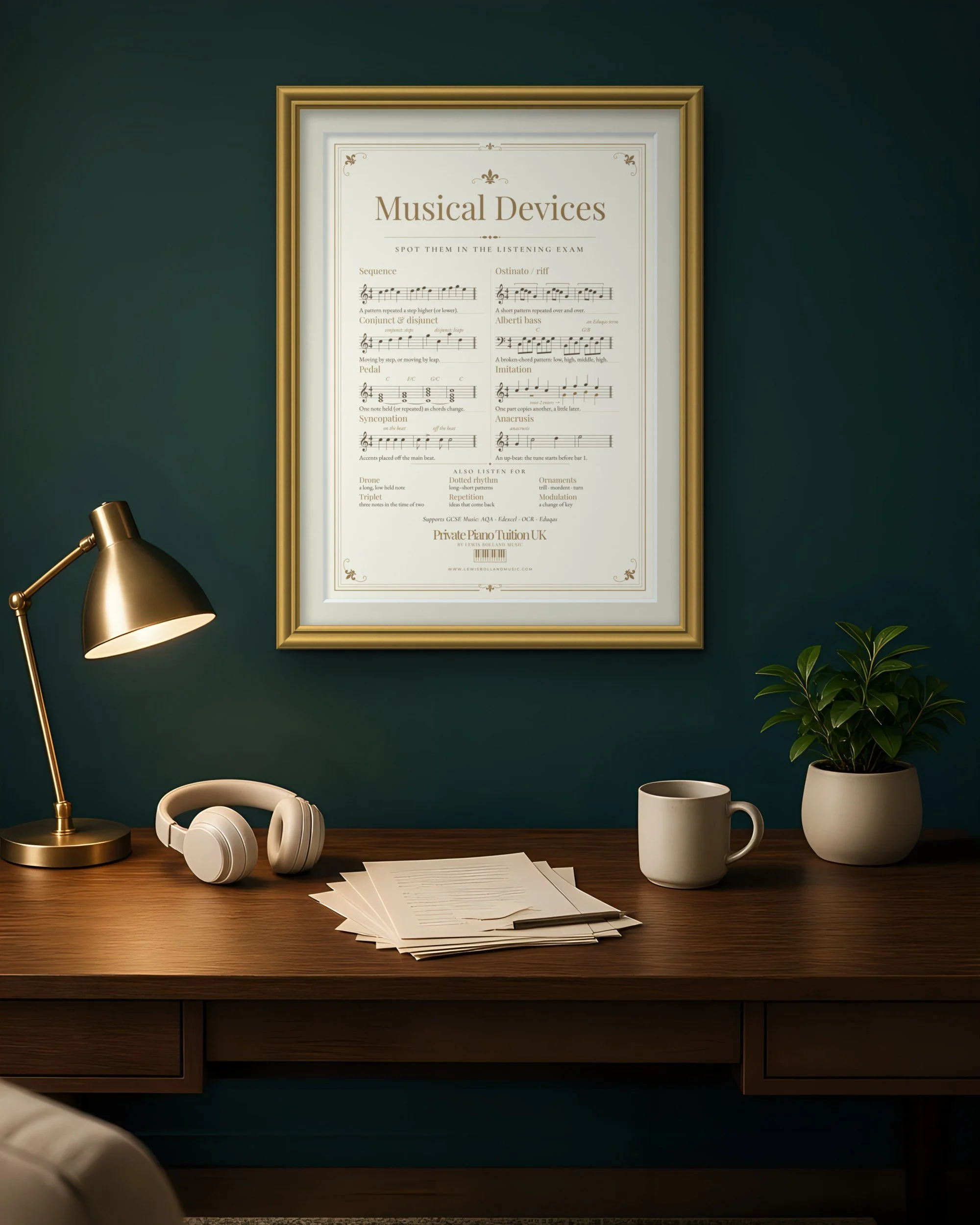Musical Devices GCSE Music revision poster in a gold frame on a teal study wall above a desk with a brass lamp and headphones