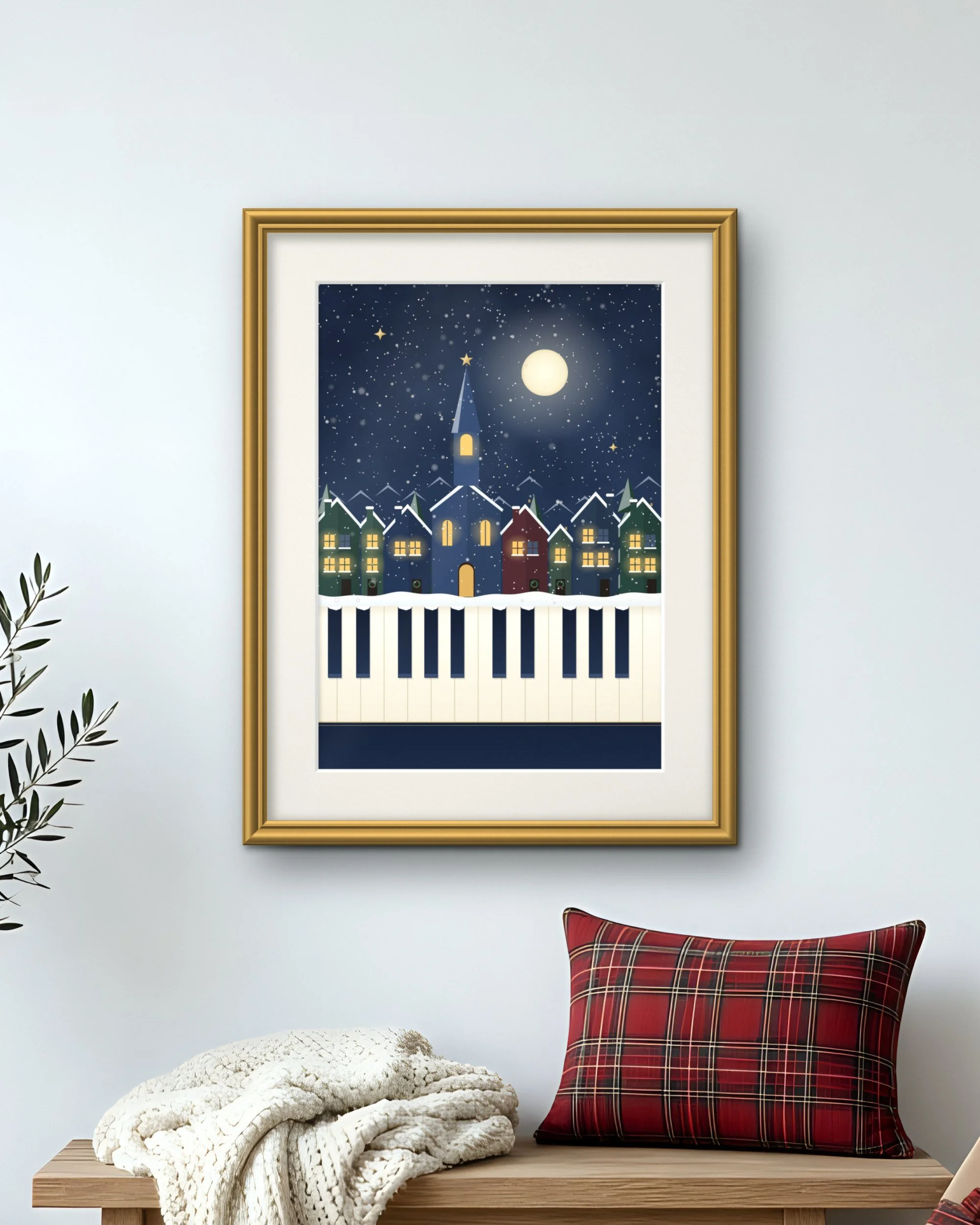Snowfall Village Keys Christmas piano wall art print framed in a cosy hallway nook