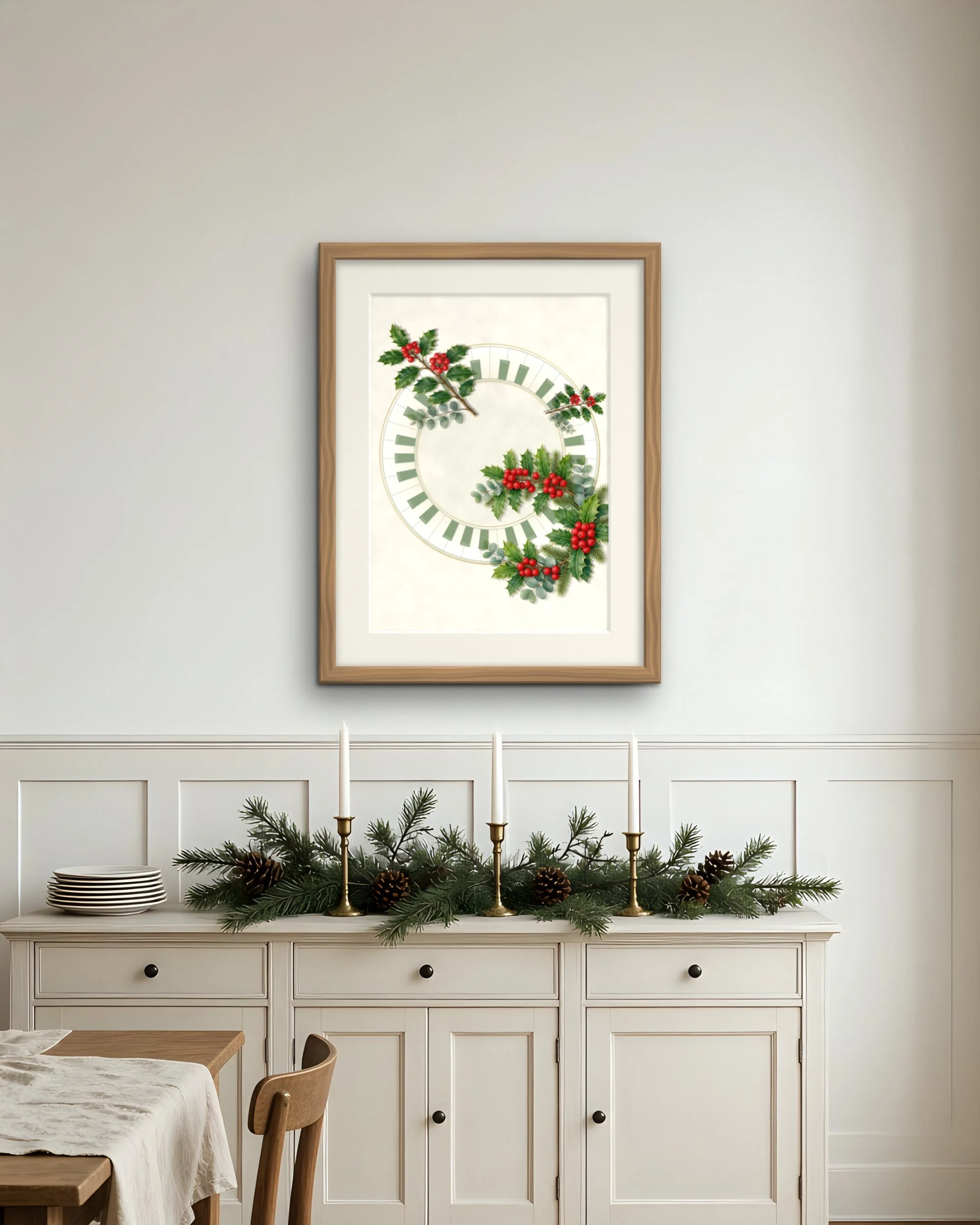 Keyboard Holly Wreath Christmas piano wall art print framed above a dining room sideboard