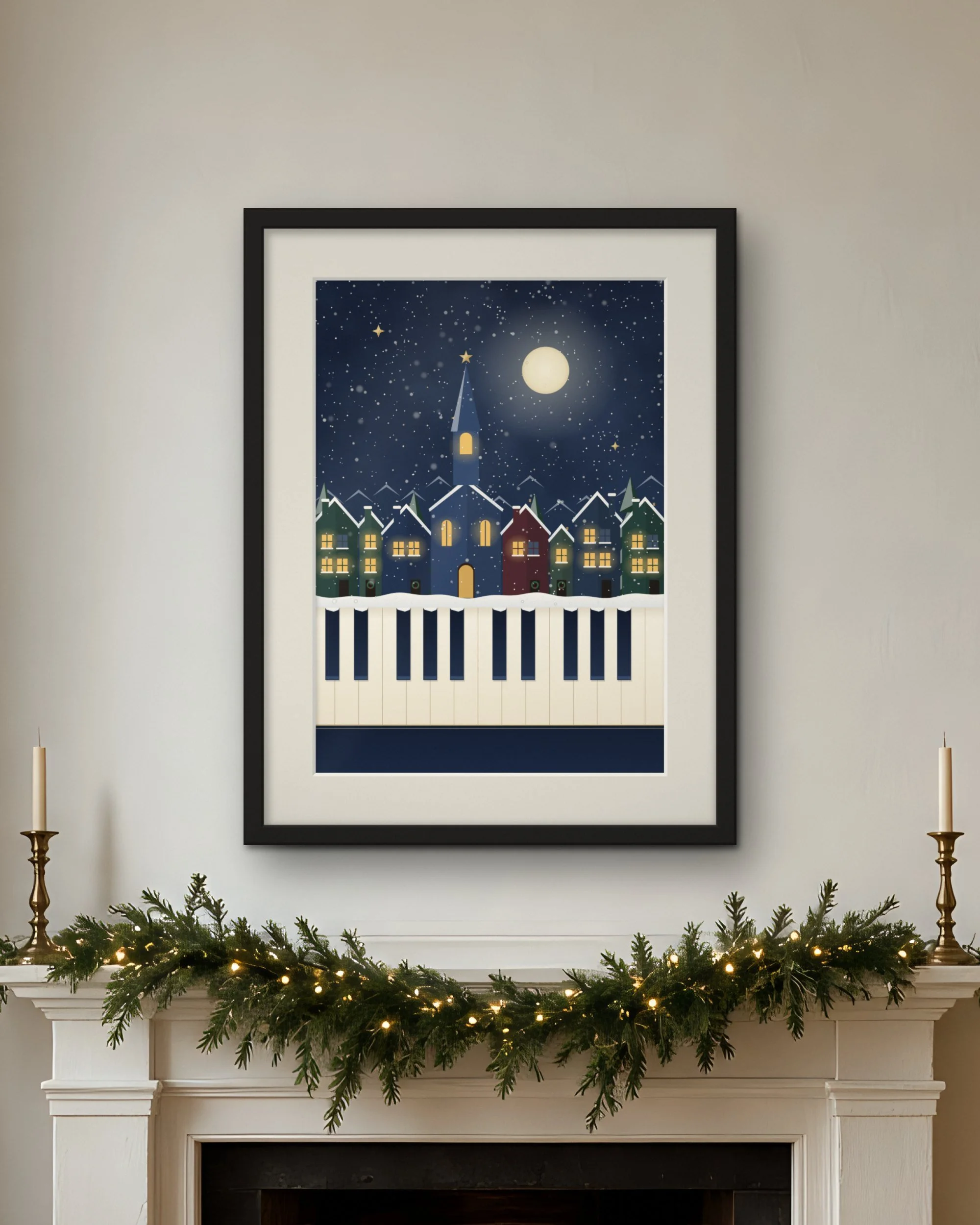 Snowfall Village Keys Christmas piano wall art print framed above a fireplace
