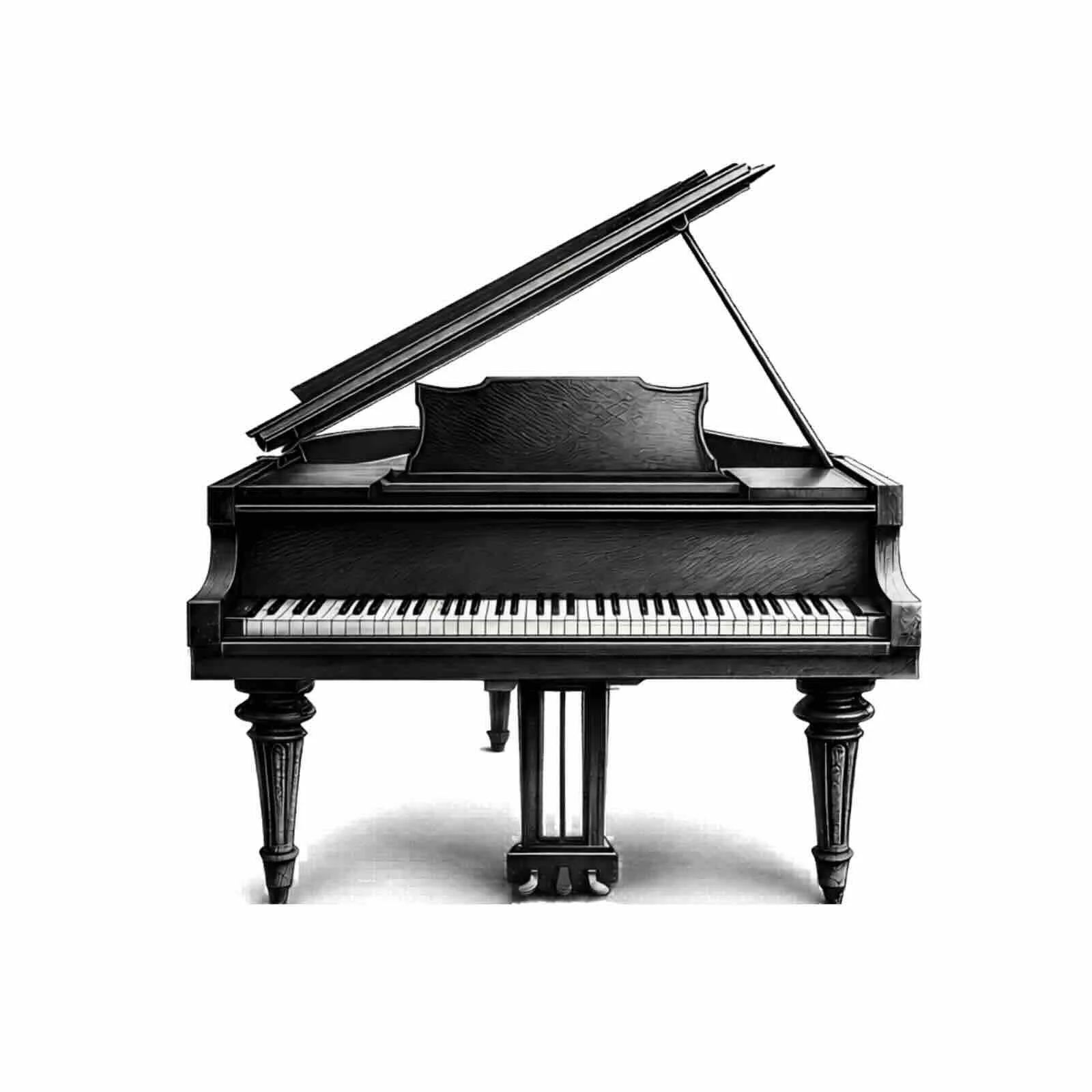 A black grand piano with an open lid, showing the strings and hammers inside, resting on four ornate legs.