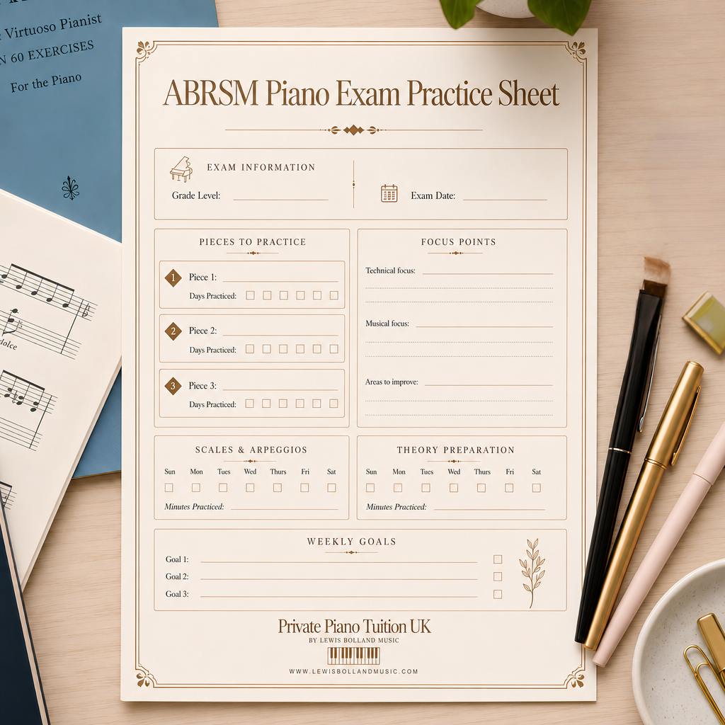 ABRSM Piano Exam Practice Sheet (Weekly Revision & Goals Worksheet PDF)
