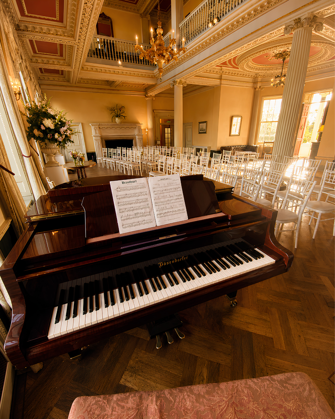 Acoustic piano with sheet music ready for a wedding ceremony or reception – elegant live piano music for weddings in Bath, Bristol and Gloucestershire