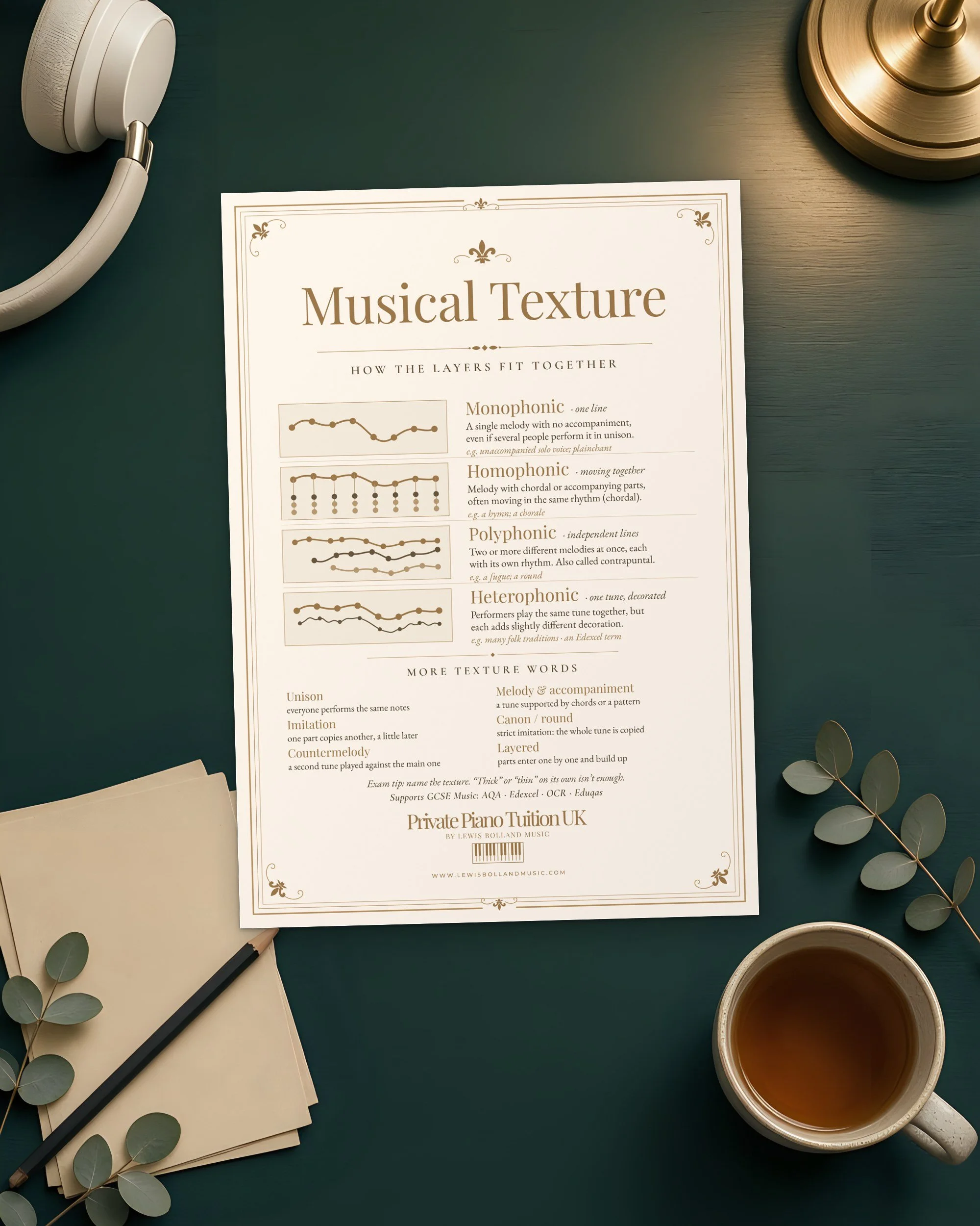 Musical Texture GCSE Music revision poster printed and lying on a dark teal desk with headphones, revision cards and tea