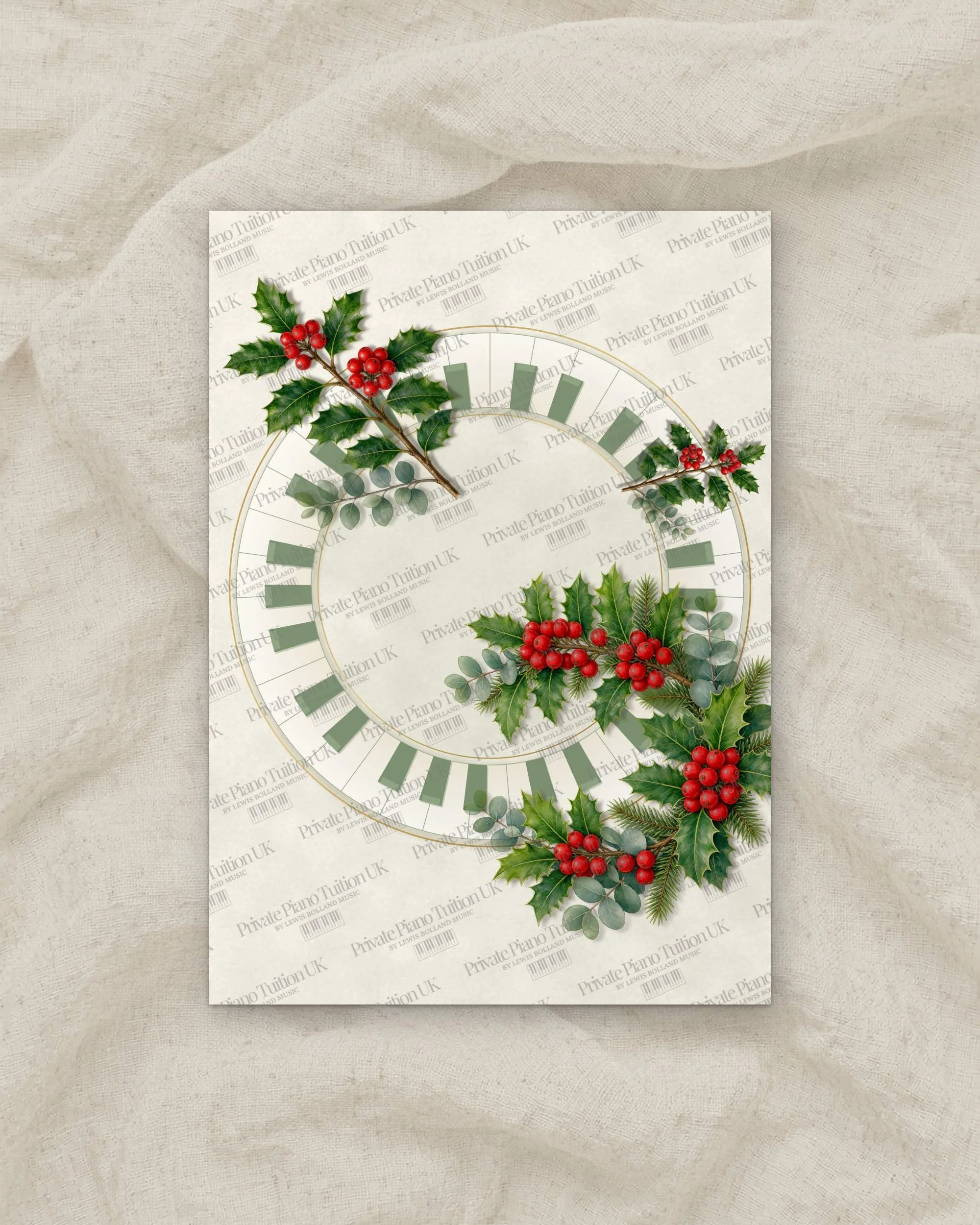 Keyboard Holly Wreath Christmas piano wall art print preview, Private Piano Tuition UK