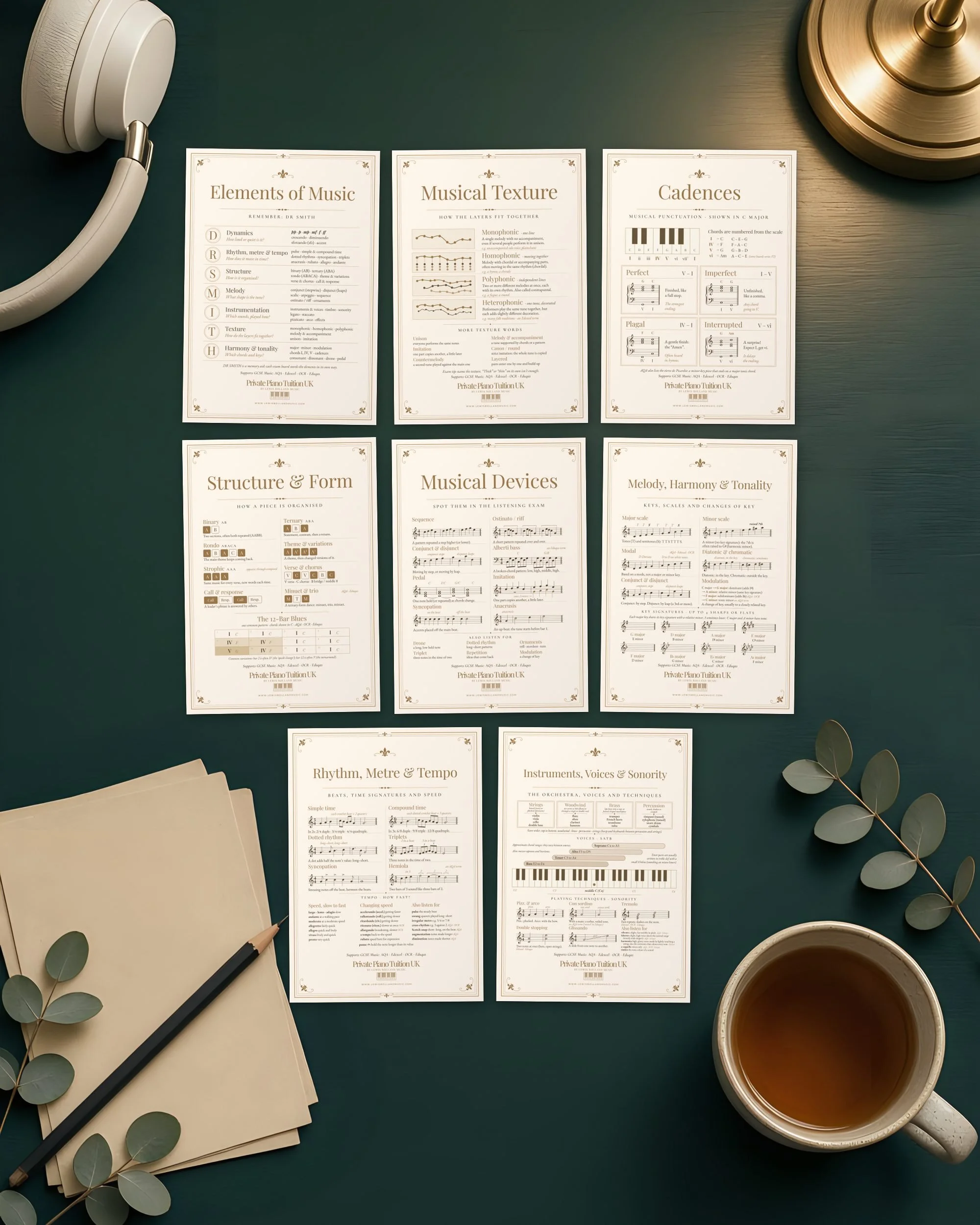 All eight GCSE Music revision posters laid out on a dark teal desk with headphones, revision cards and tea