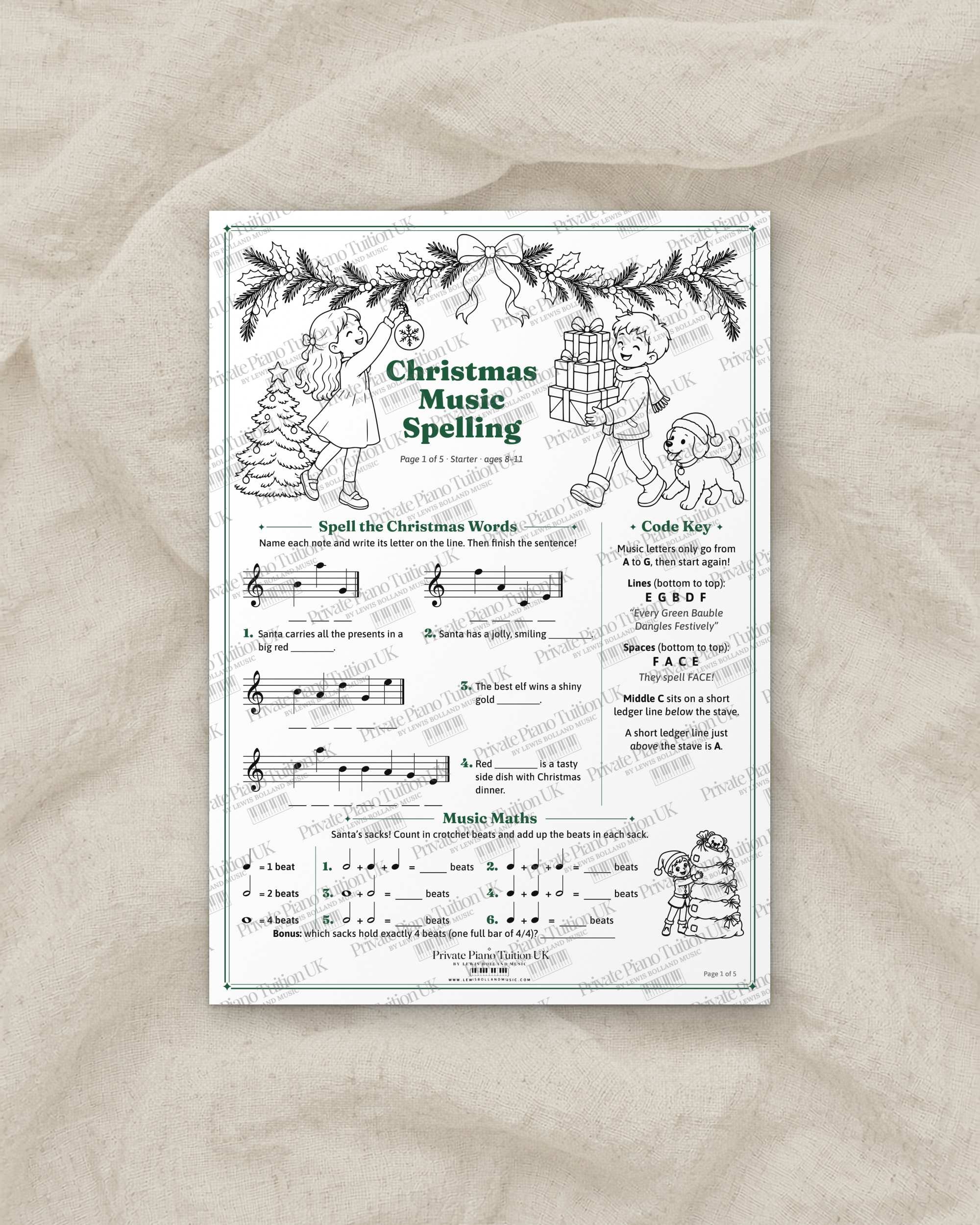 Christmas Music Spelling Pack page 1 shown flat with a Private Piano Tuition UK watermark