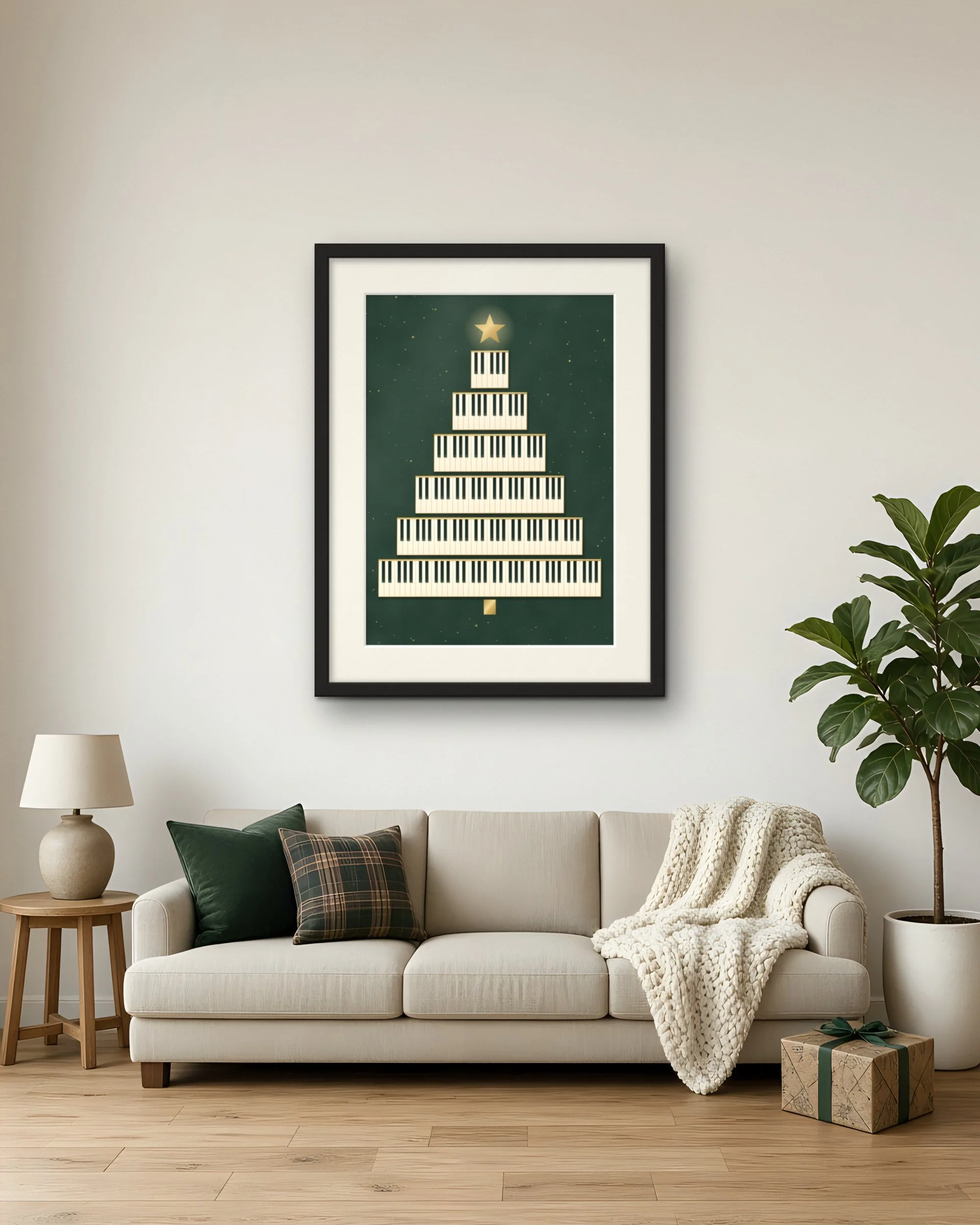 Octave Fir Christmas piano wall art print framed above a sofa in a cosy living room