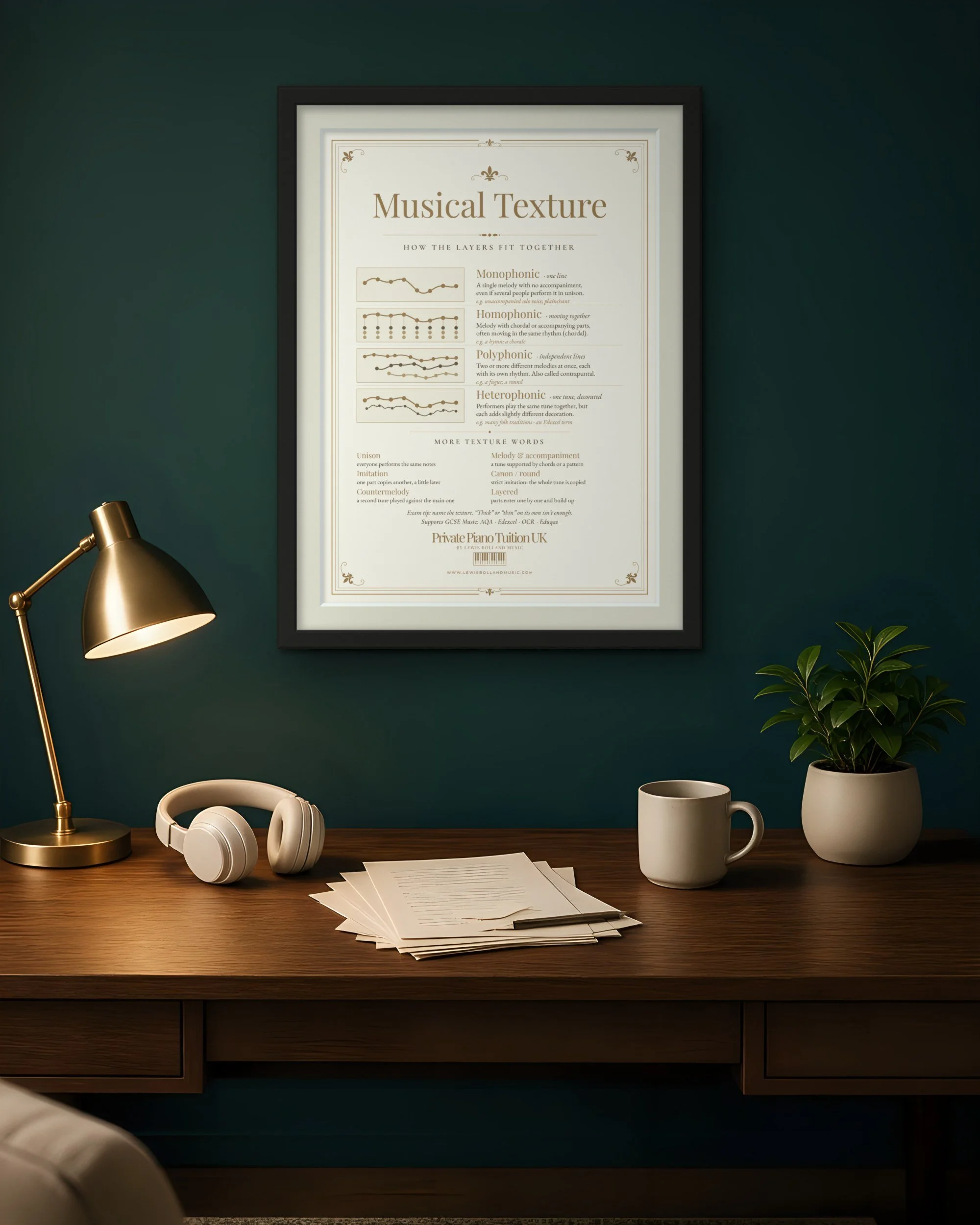 Musical Texture GCSE Music revision poster in a black frame on a teal study wall above a desk with a brass lamp and headphones