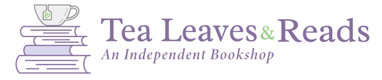 Logo for 'Tea Leaves & Reads' featuring stacked books and a teacup
