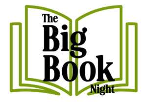 Logo for The Big Book Night featuring an open book with black and green outlines and text.