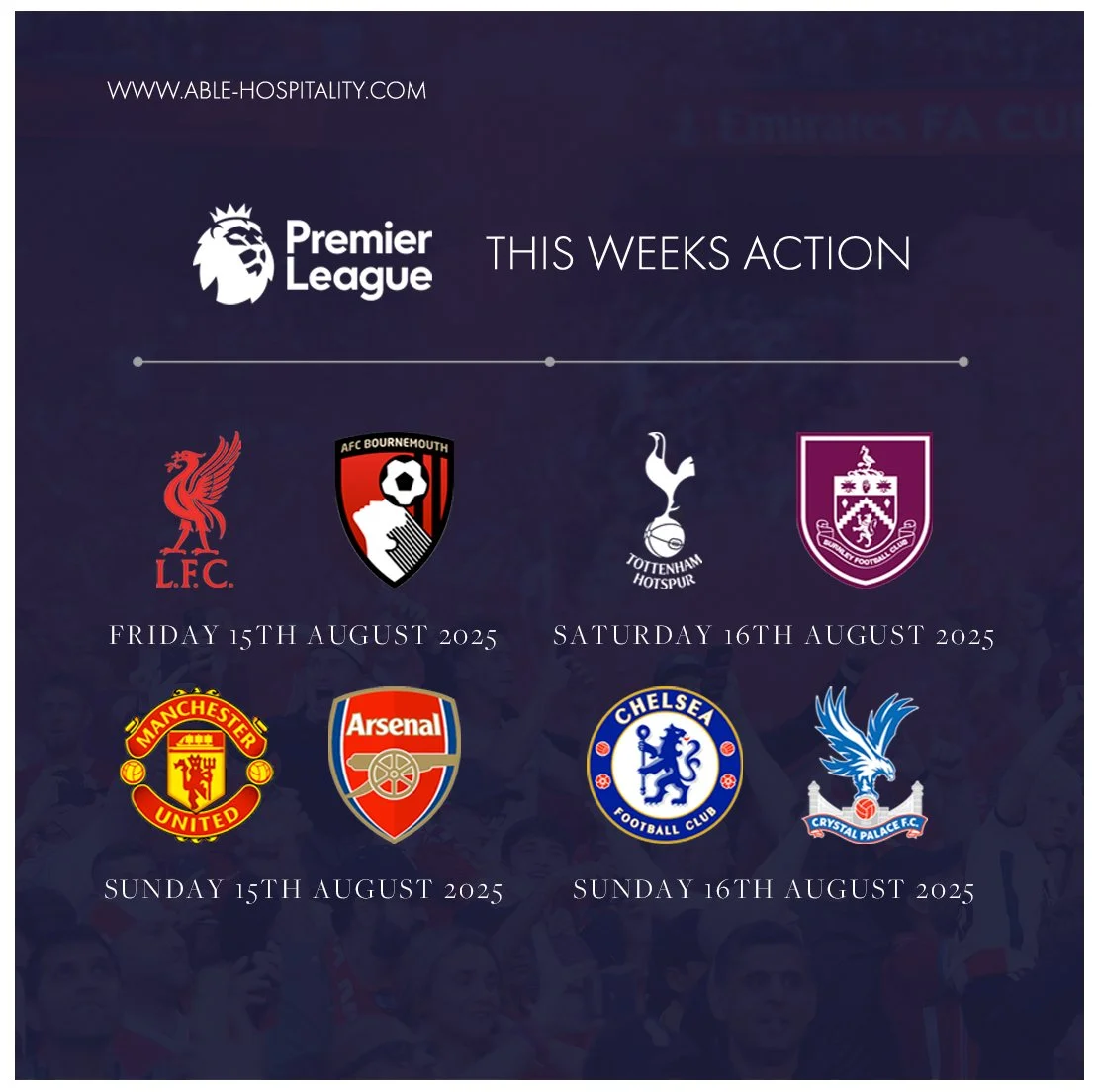 ⚽ The wait is over – the Premier League is BACK this weekend!
Here’s your Week 1 action:
📅 Fri 15 Aug – Liverpool 🆚 Bournemouth (Anfield)
📅 Sat 16 Aug – Tottenham 🆚 Burnley (Tottenham Hotspur Stadium)
📅 Sun 17 Aug &ndash