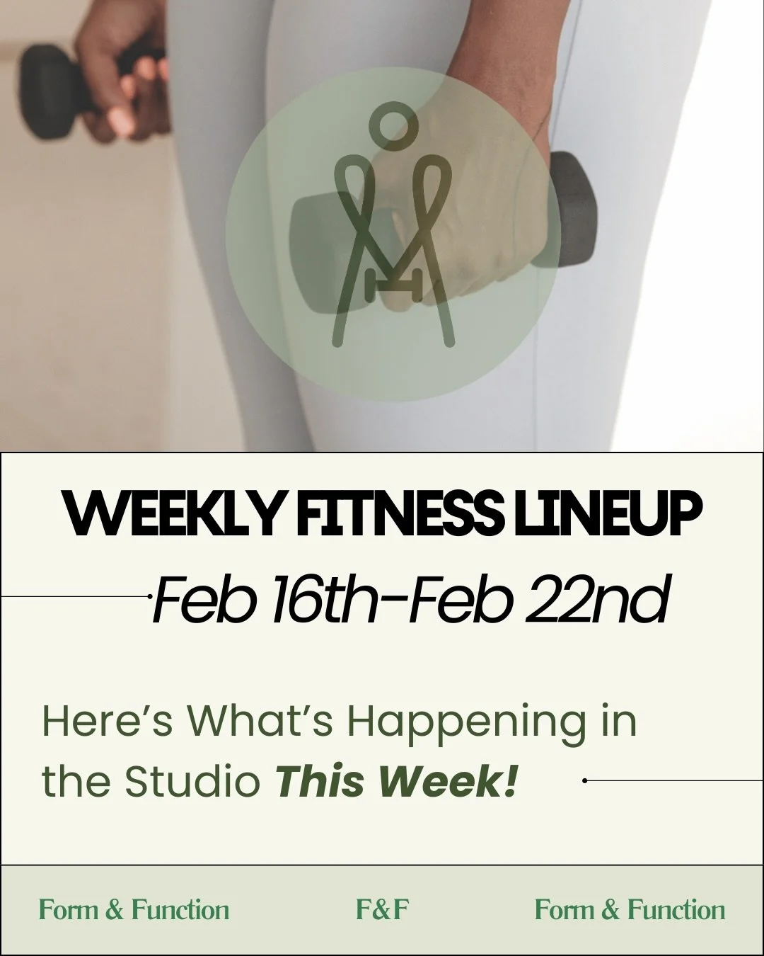 Your Week of Movement Starts Here ✨ Form &amp; Function | Feb 16&ndash;22 
New week, new energy 💪🕺 Whether you&rsquo;re here to build strength, sweat it out, or dance it off, we&rsquo;ve got a class for every mood. 
🔥 Strength &amp; Conditioning ⚡