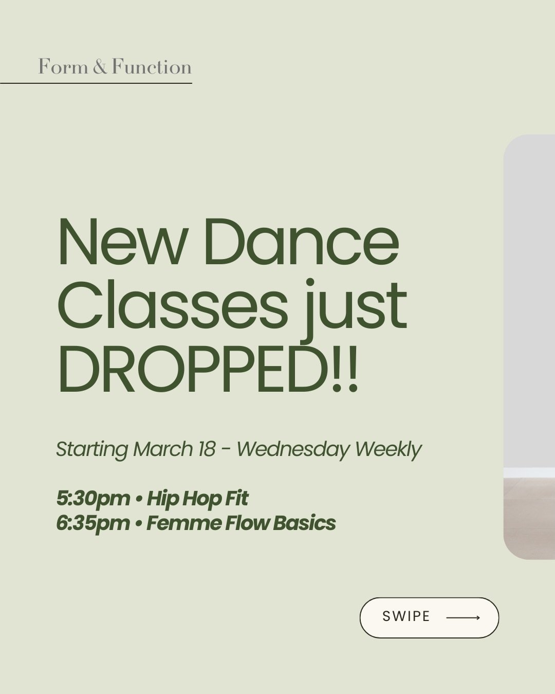 Something new is coming to the dance floor 💃🔥 
Starting March 18, we&rsquo;re excited to introduce two brand new dance classes at Form &amp; Function with our new instructor Kim Quilla. 
Wednesdays 
5:30 PM &mdash; Hip Hop Fit 6:35 PM &mdash; Femme