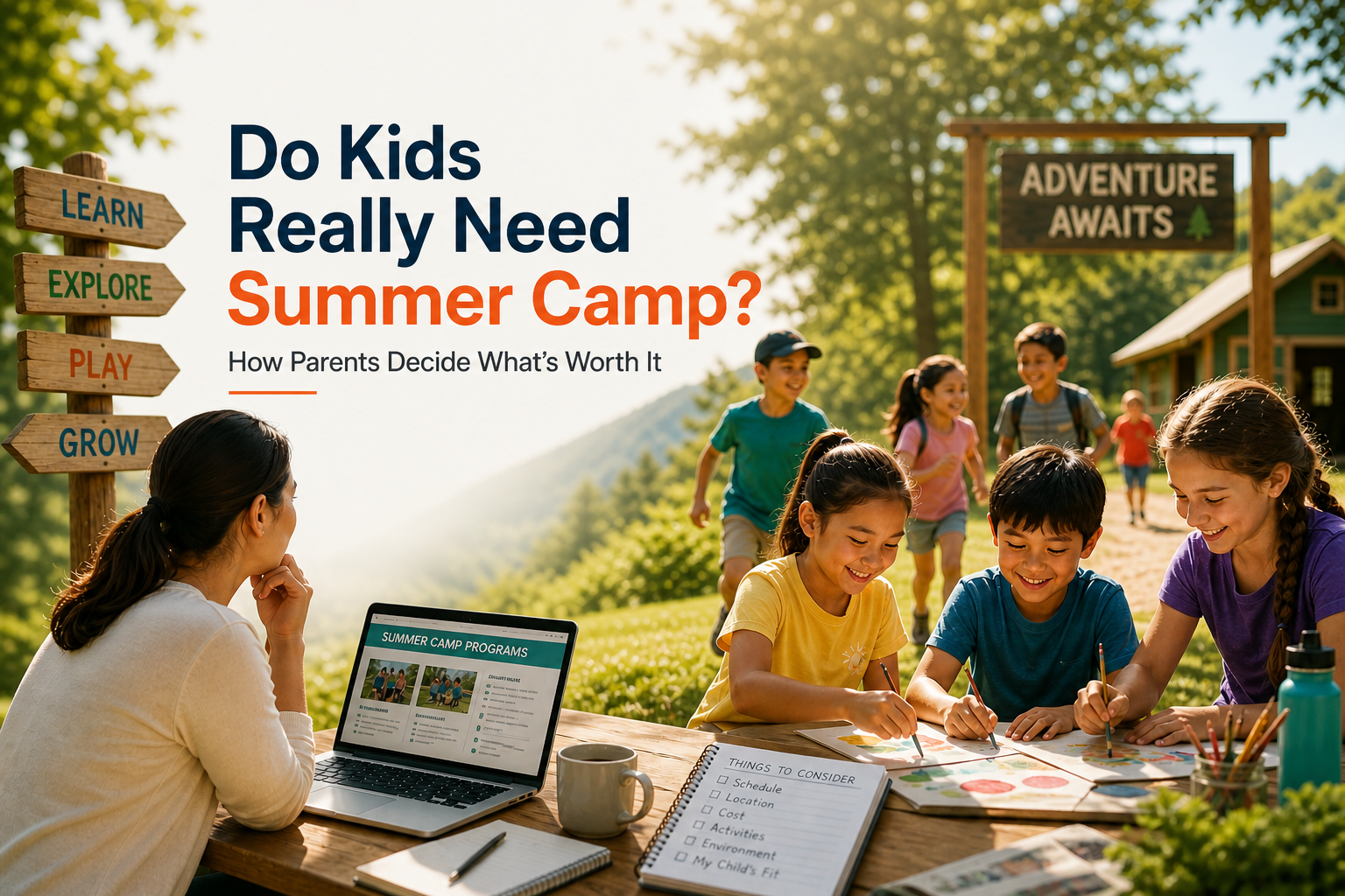 Kids participating in summer camp activities outdoors as a parent compares programs, showing decision-making for summer camp enrollment.