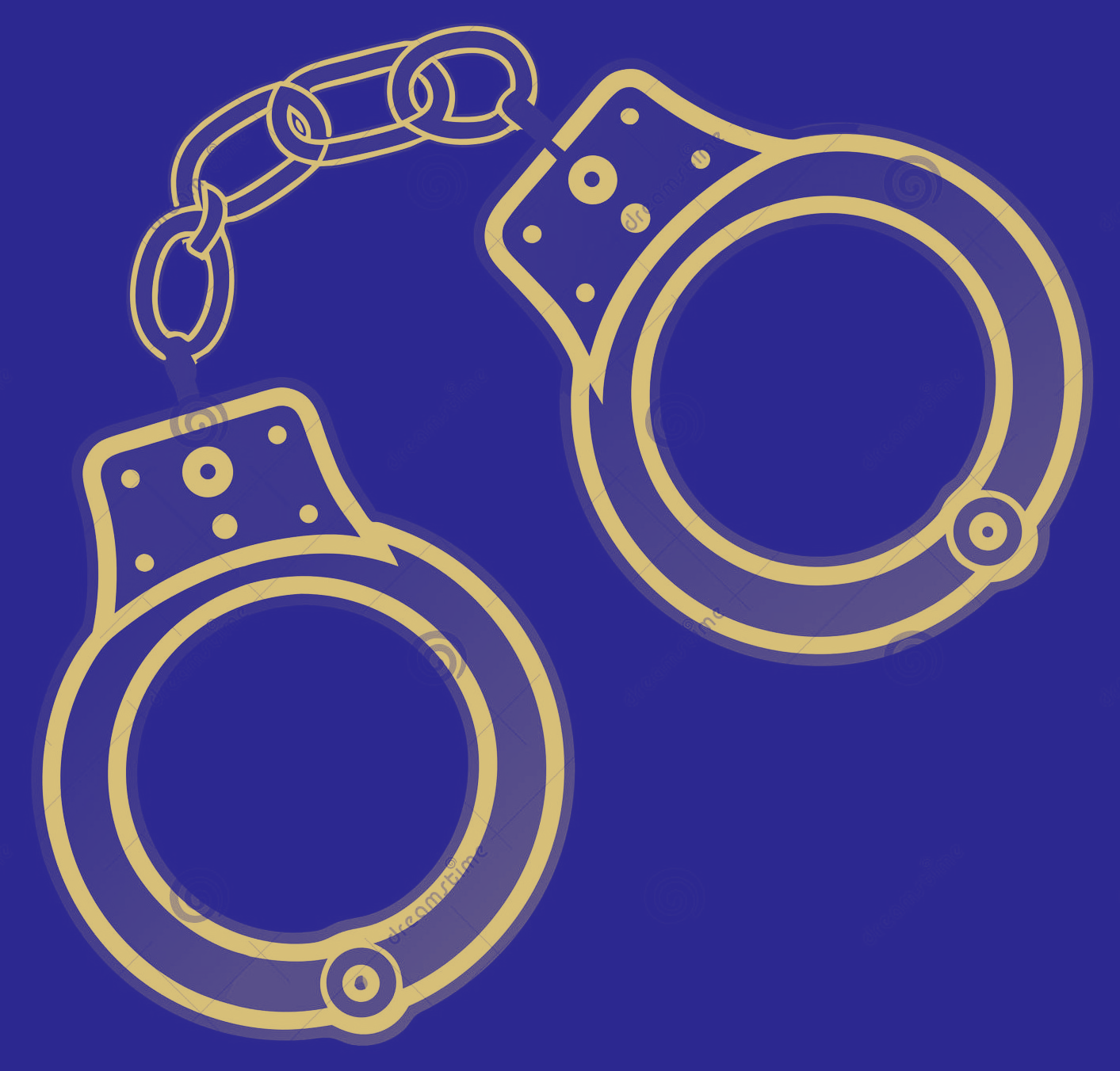 Illustration of gold handcuffs linked by a short chain against a dark blue background.
