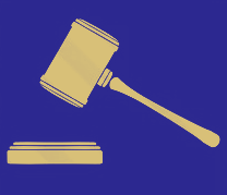 Silhouette of a judge's gavel striking a sound block against a blue background.