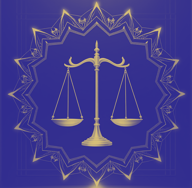 Illustration of a golden balance scale set against a deep blue background with a decorative, star-like border.