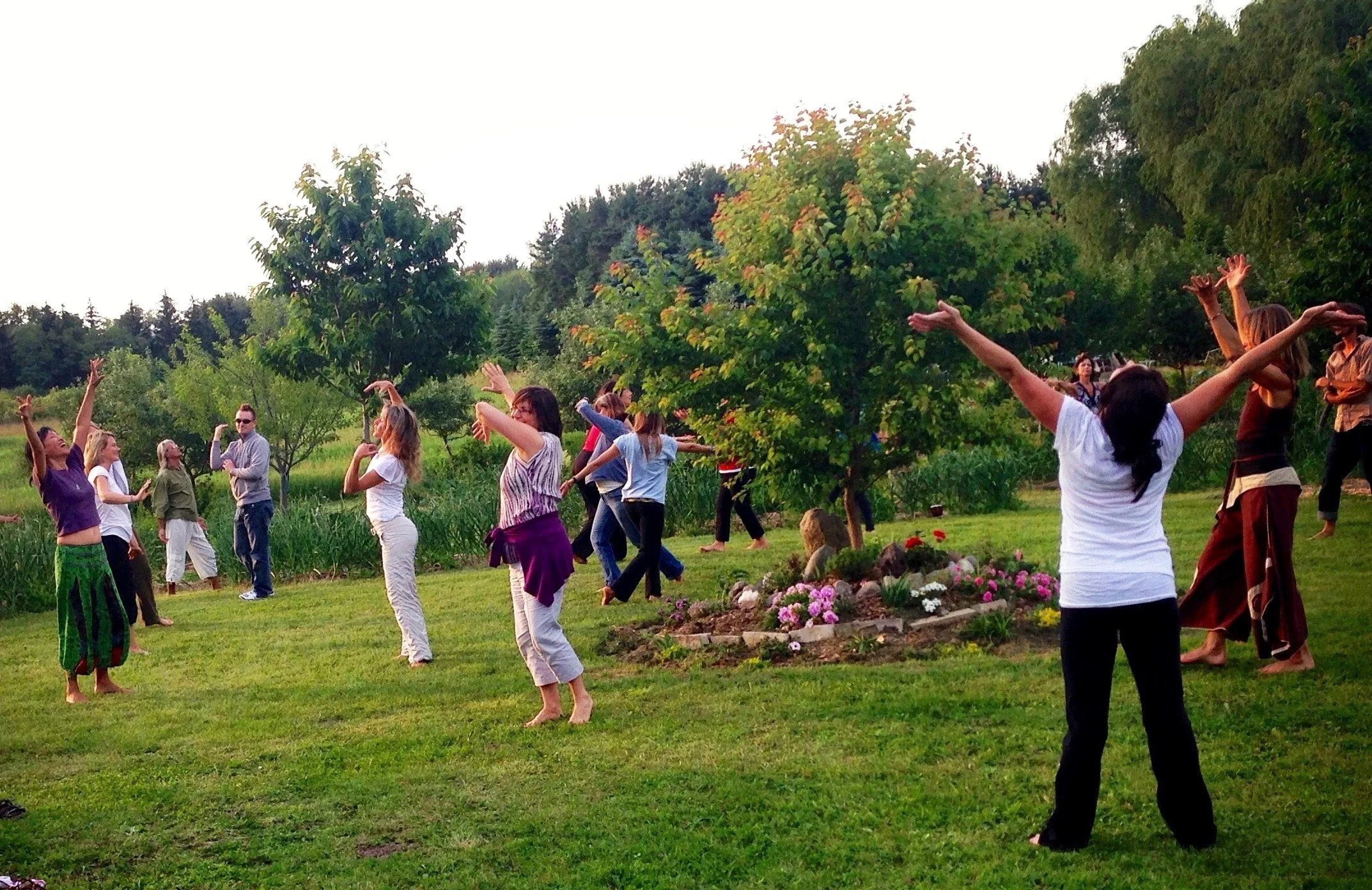 Group of people practicing yoga outdoors on a grassy field with trees and flowers, during sunset.